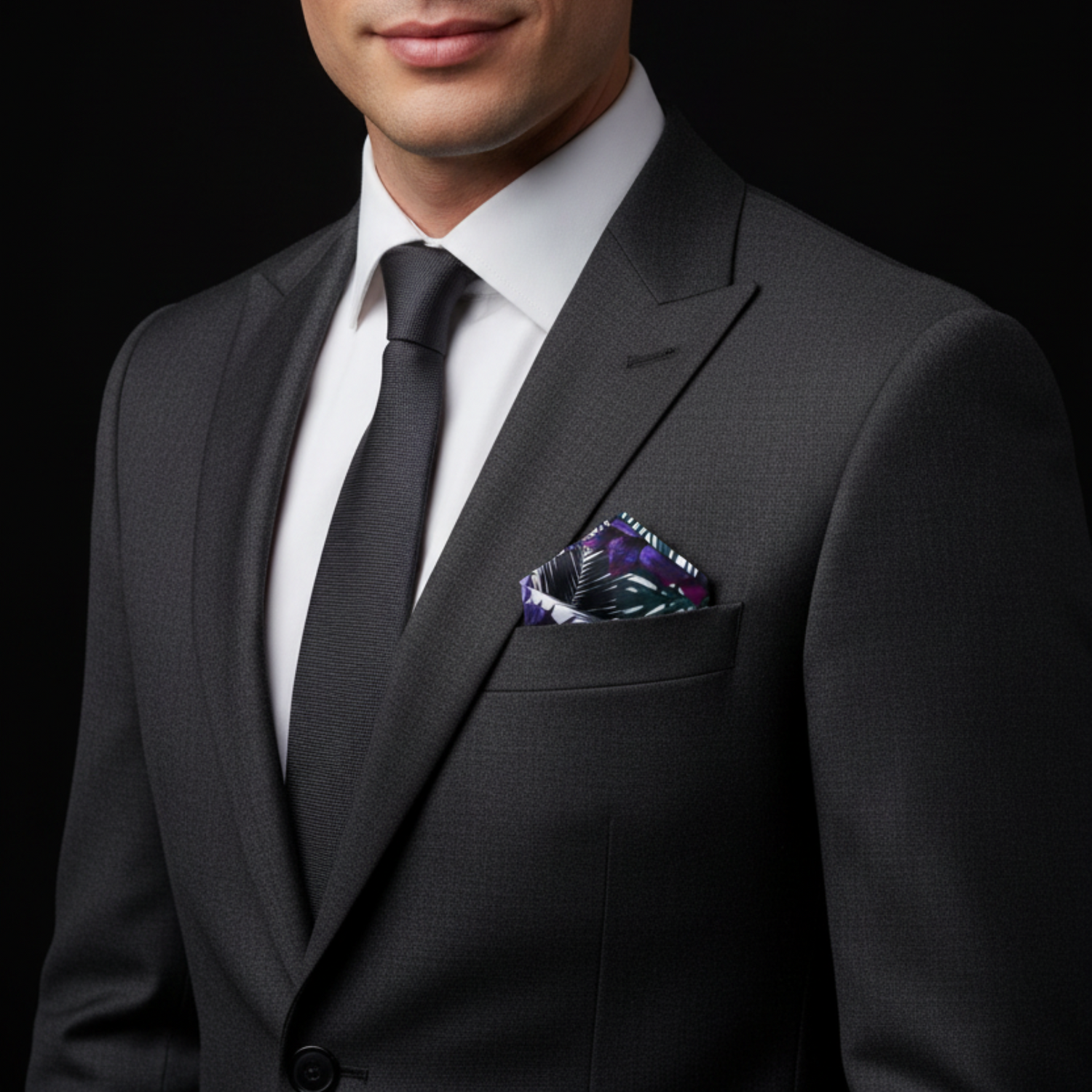 Man wearing a dark gray suit with a white shirt and purple pocket square on a black background