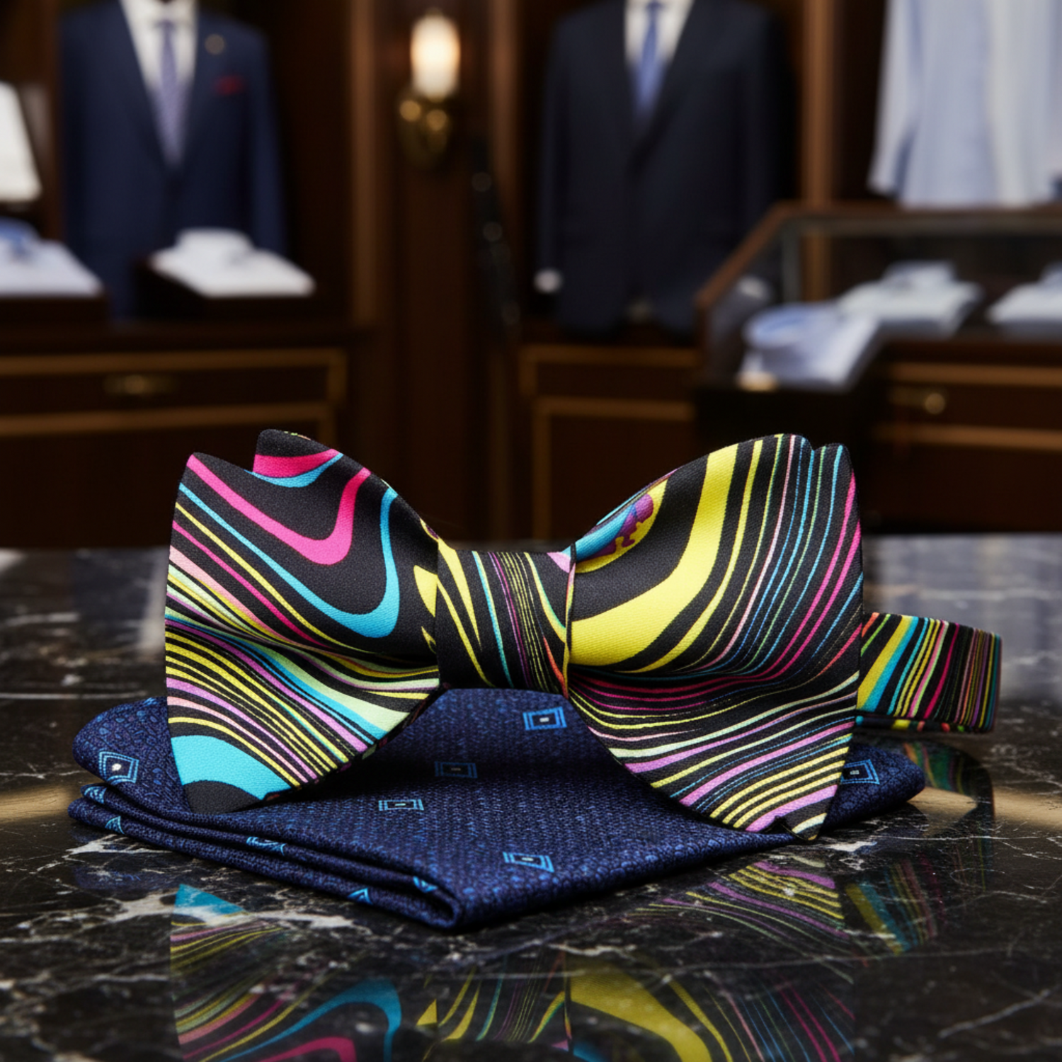 Colorful striped bow tie and blue patterned pocket square on a mannequin.