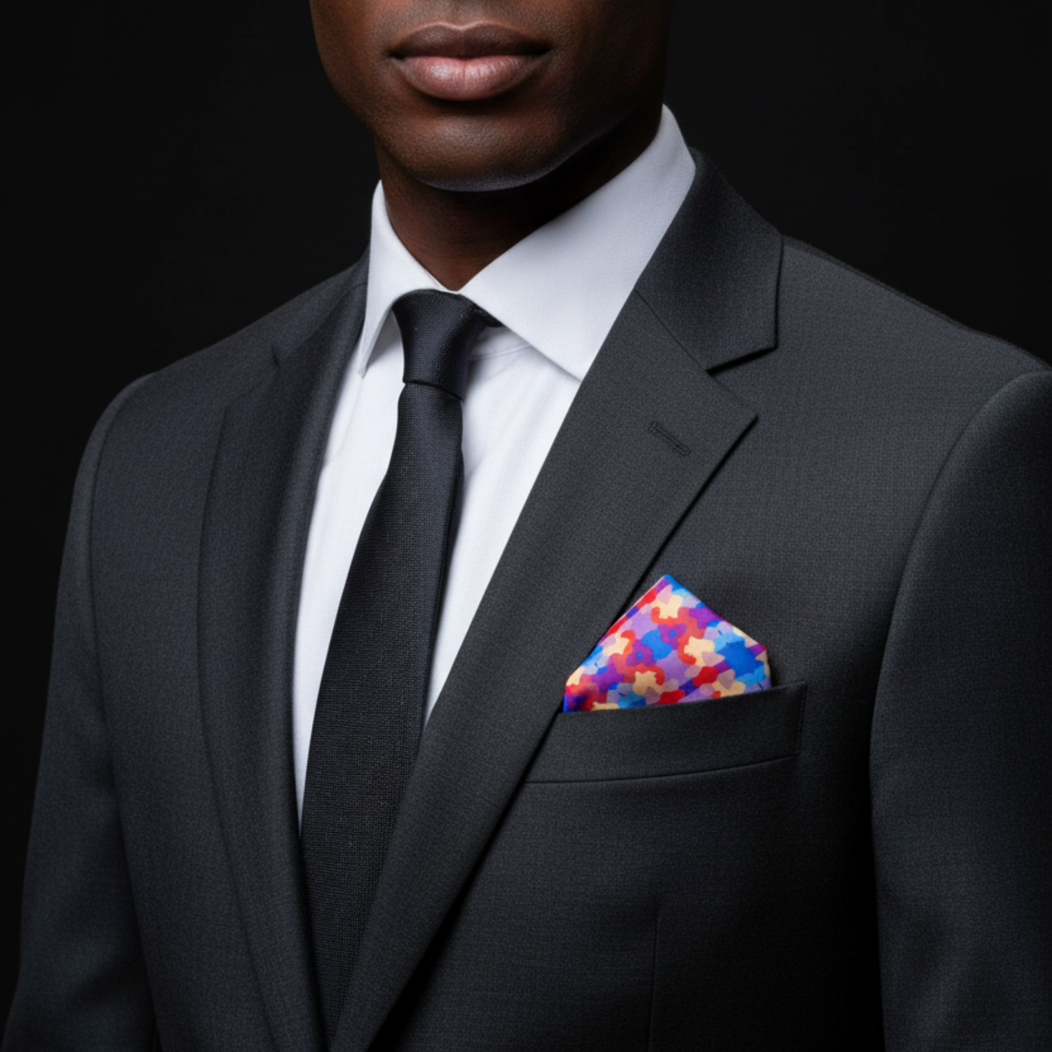 Man wearing a dark suit with a colorful pocket square against a black background
