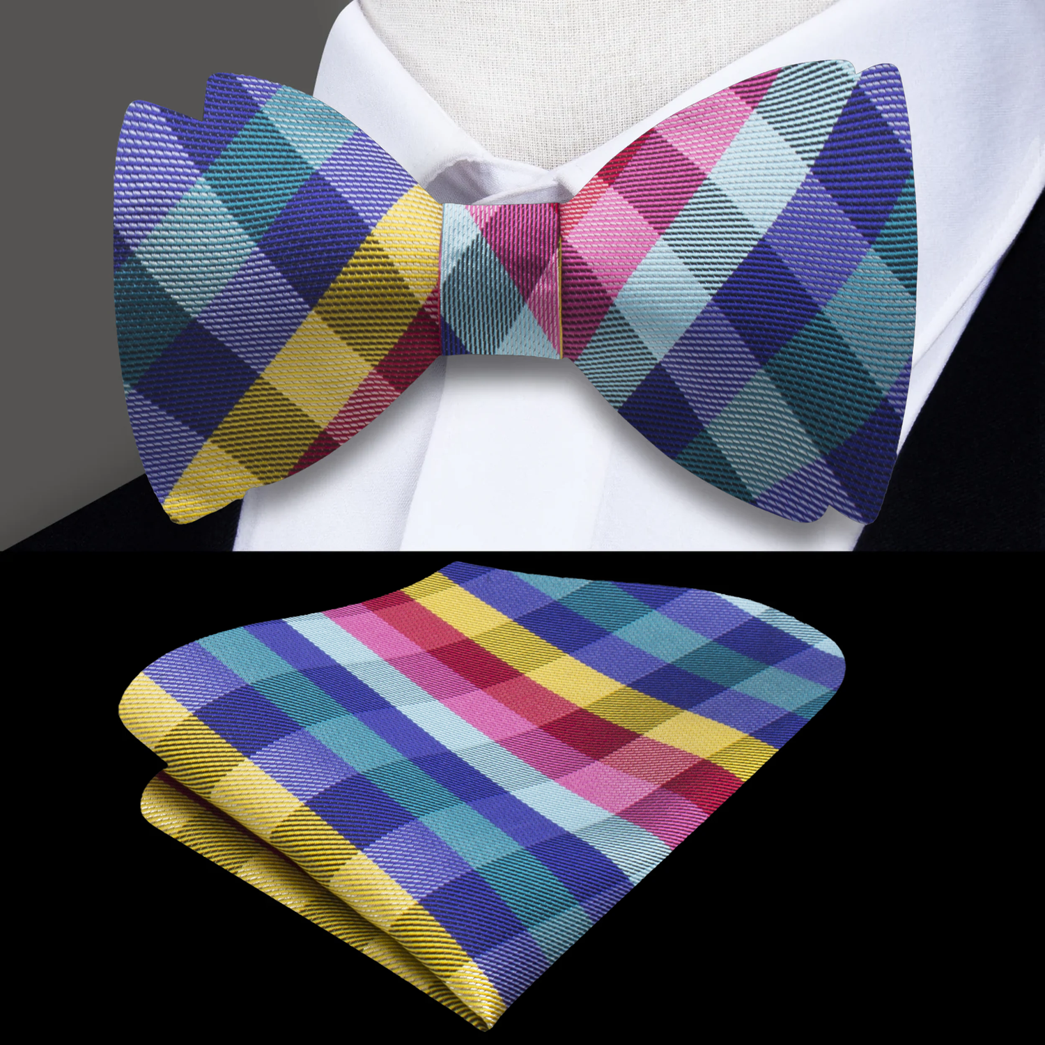 A Red, Blue, Yellow, Green Geometric Diamond Pattern Self Tie Bow Tie and Square