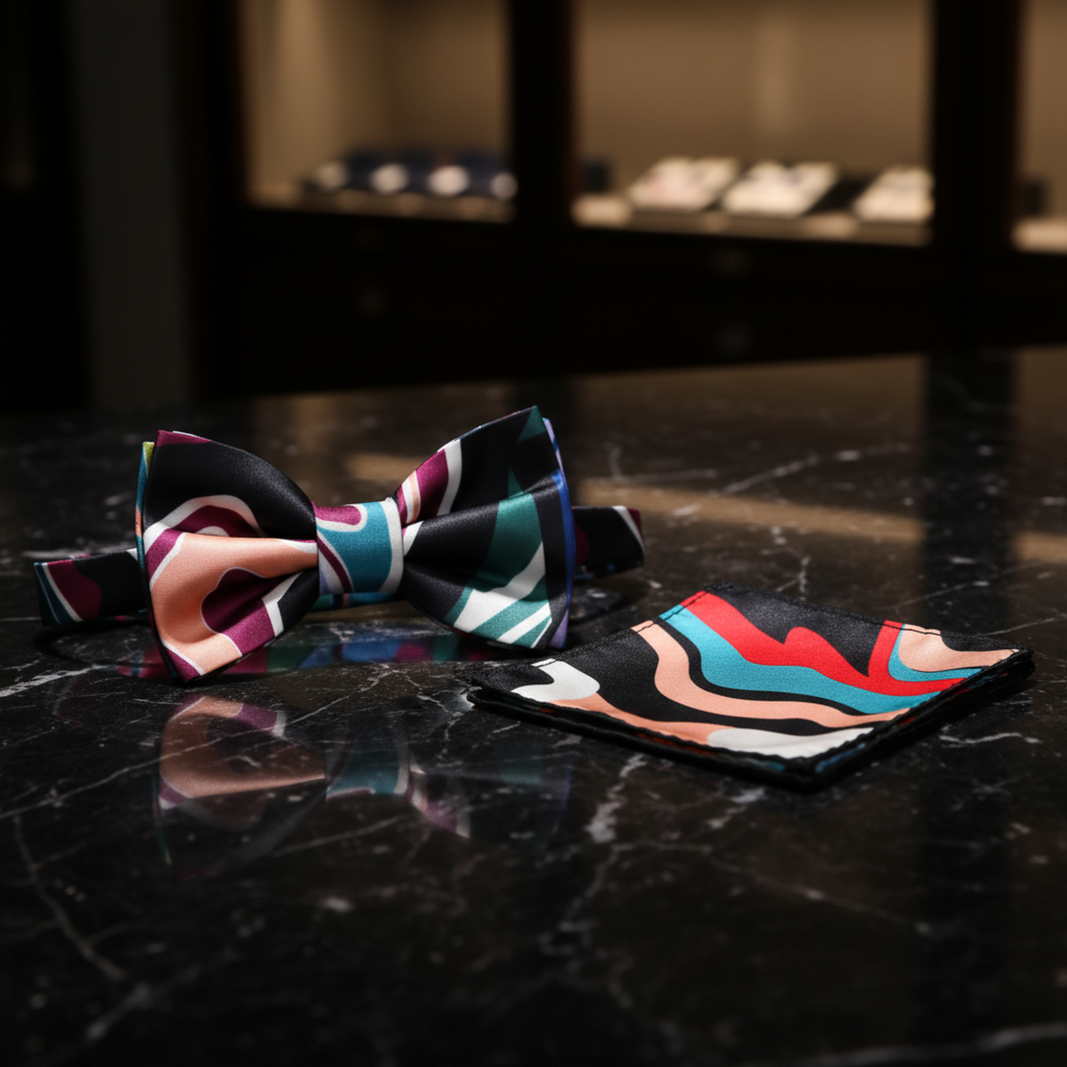Black, Red, Purple, Green, Blue Abstract Bow Tie and Pocket Square