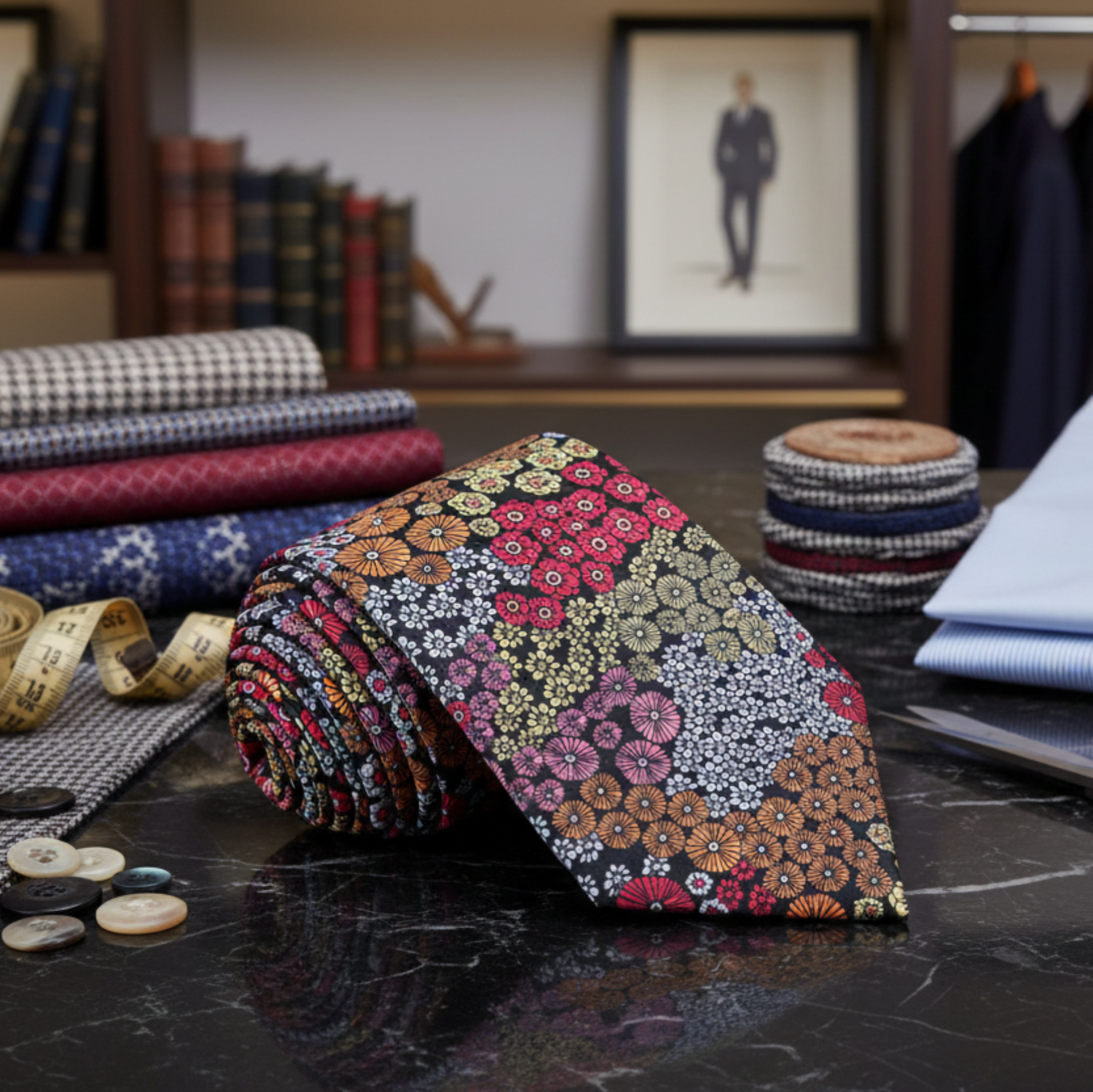 Colorful floral tie on a dark surface with fabric rolls and buttons in the background
