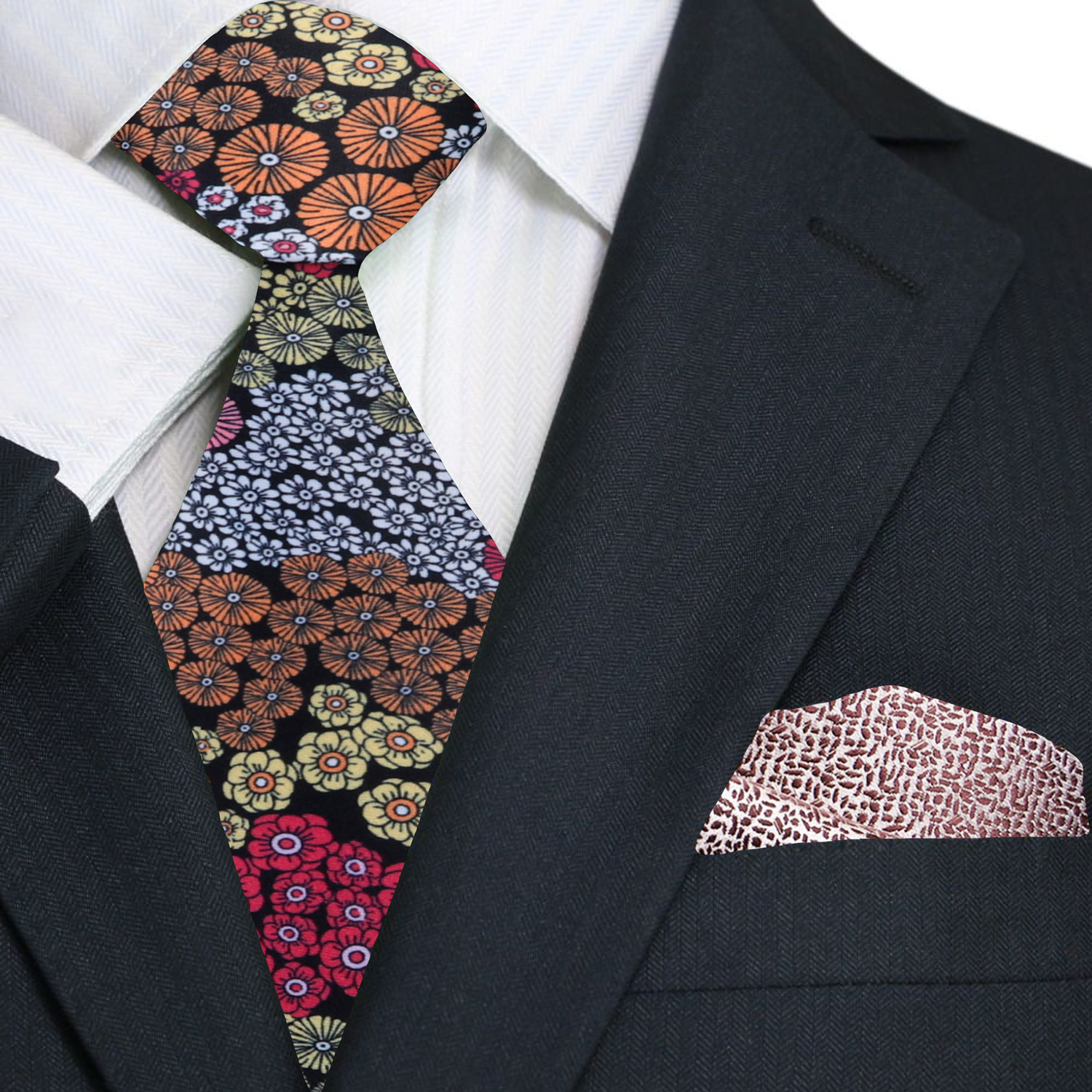 Colorful patterned tie and accenting pocket square on a suit jacket