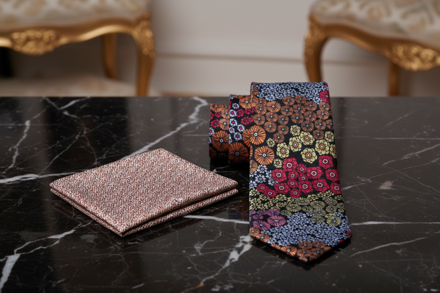 Floral patterned tie and square on a marble surface with ornate chairs in the background.
