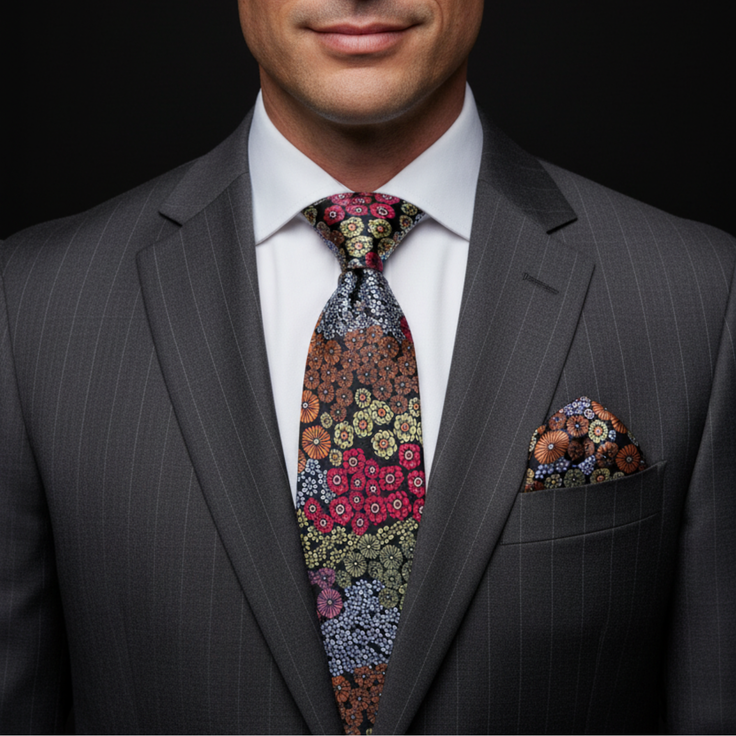 Man wearing a gray suit with a colorful floral tie and pocket square on a black background