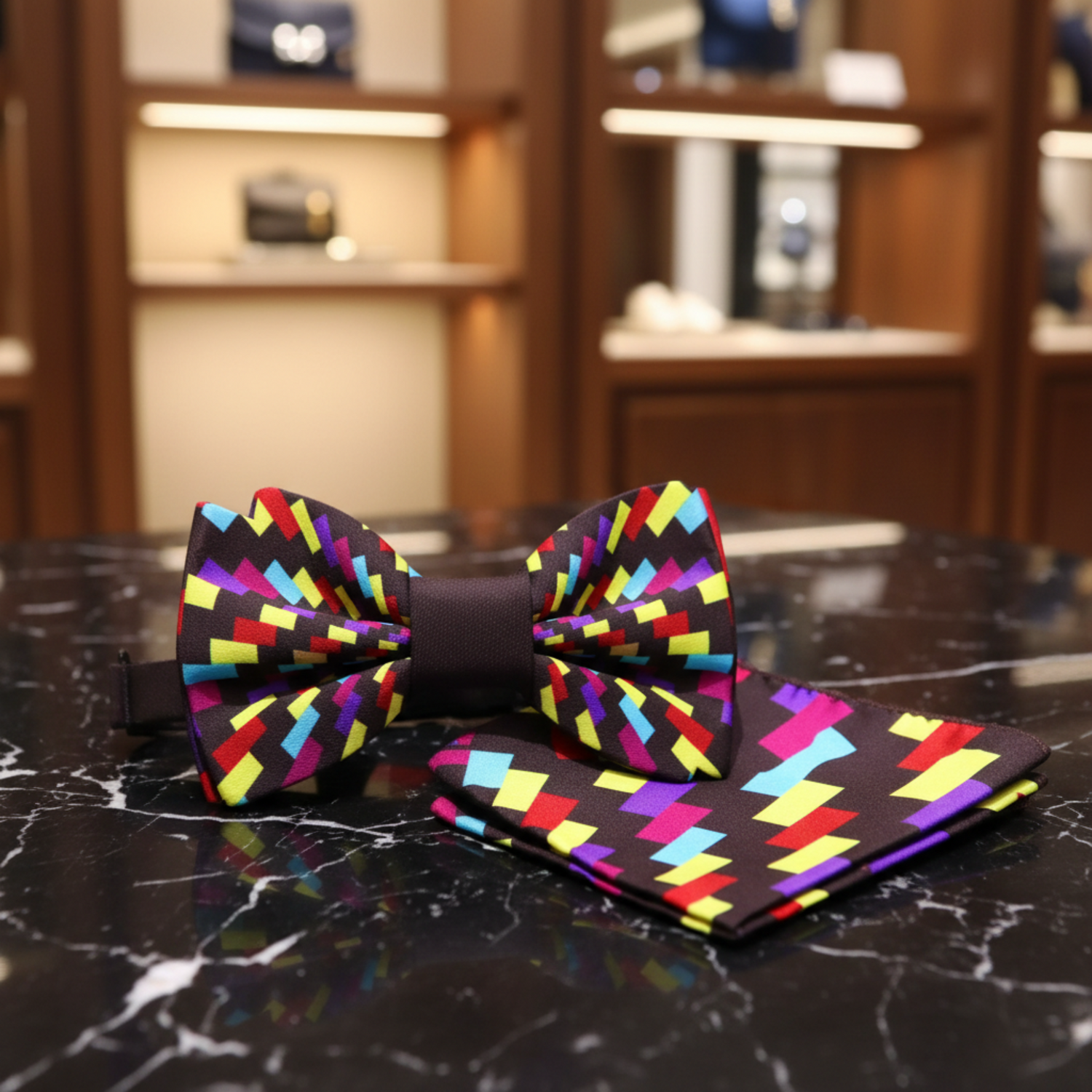 Yellow, Purple, Red Geometric Swirl Bow Tie and Pocket Square||Yellow, Purple, Red