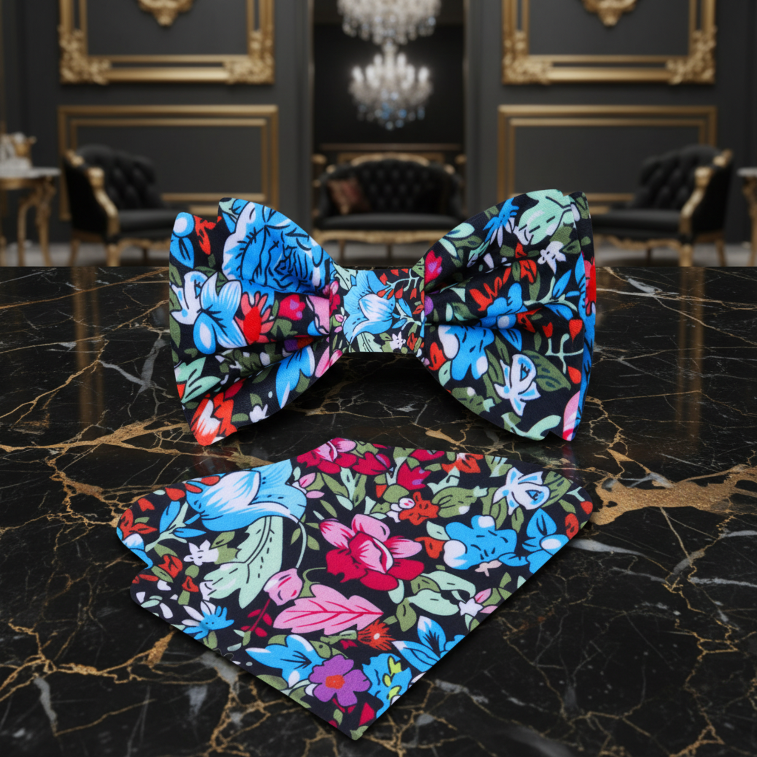 Multi Color Monet Medium Bouquet Flowers Bow Tie and Square