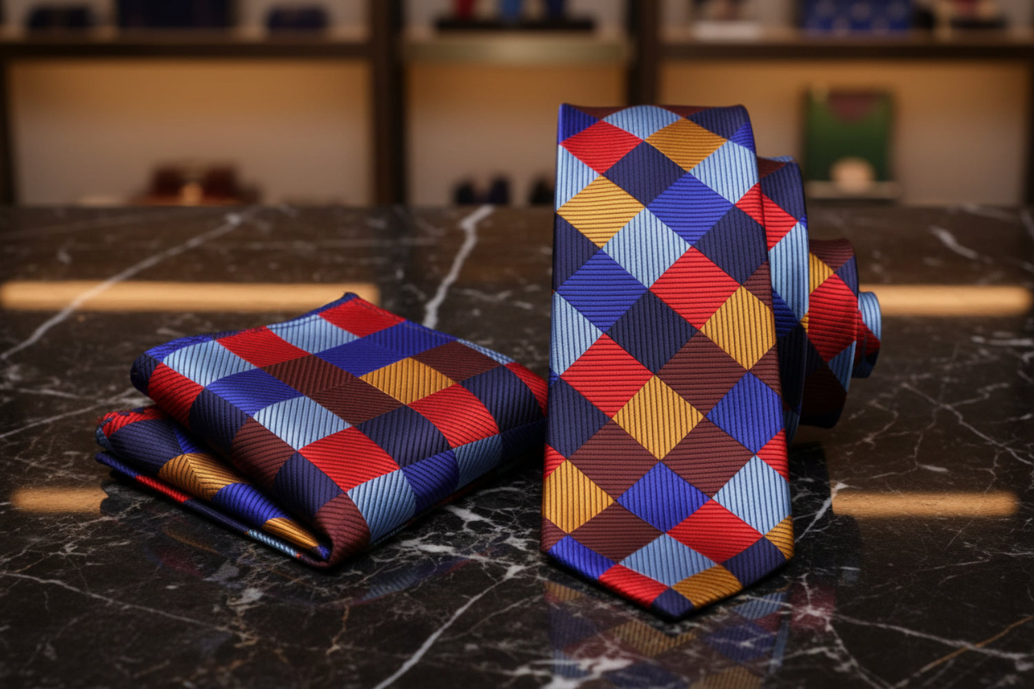 Colorful checkered tie and pocket square set 