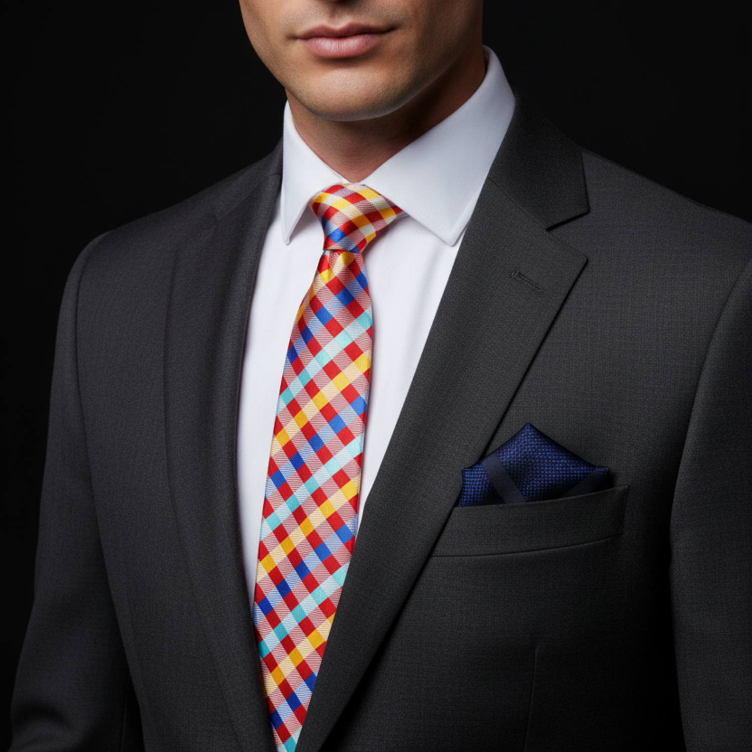 Man wearing a gray suit with a colorful tie and blue pocket square on a black background