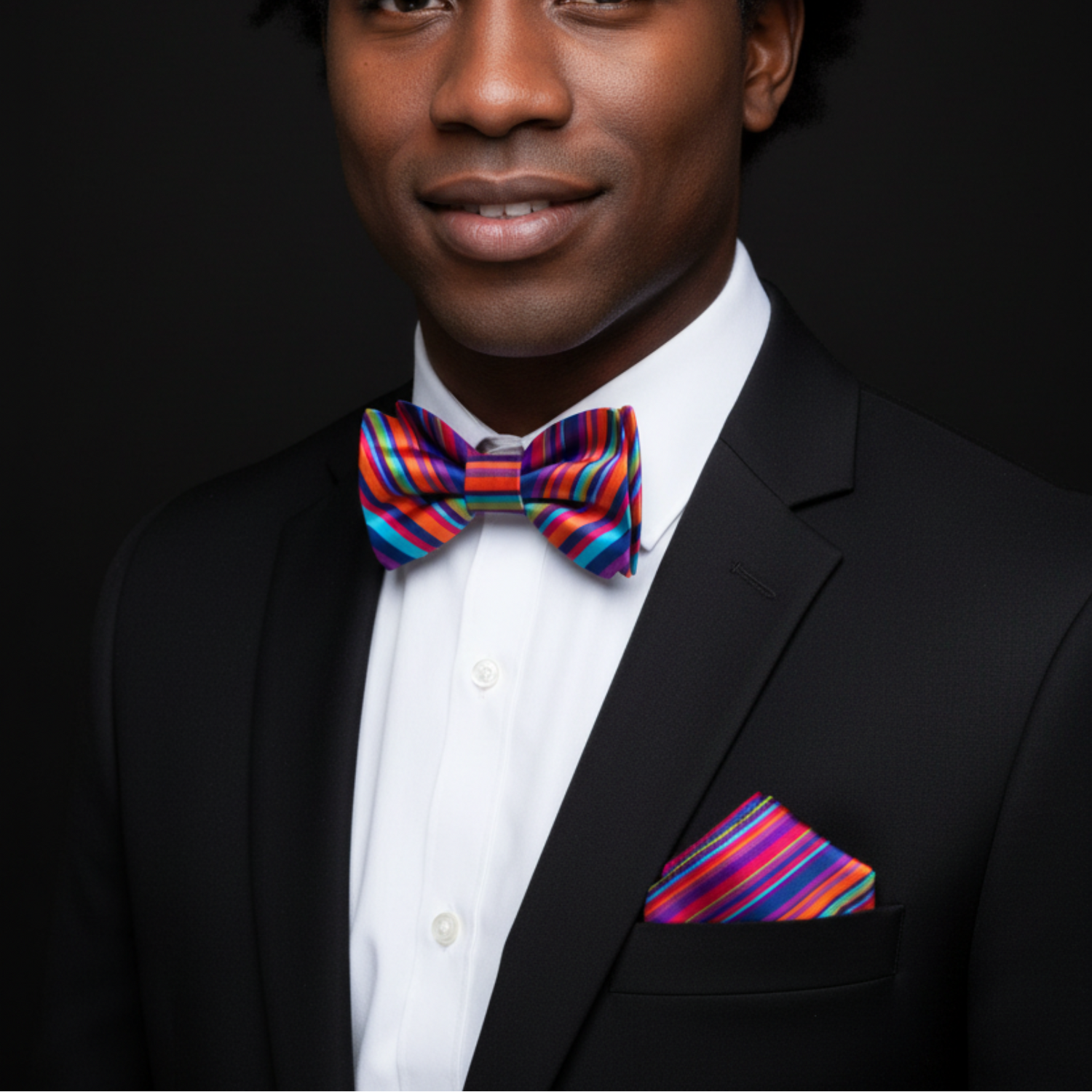 Man wearing a black suit with a colorful bow tie and pocket square on a black background