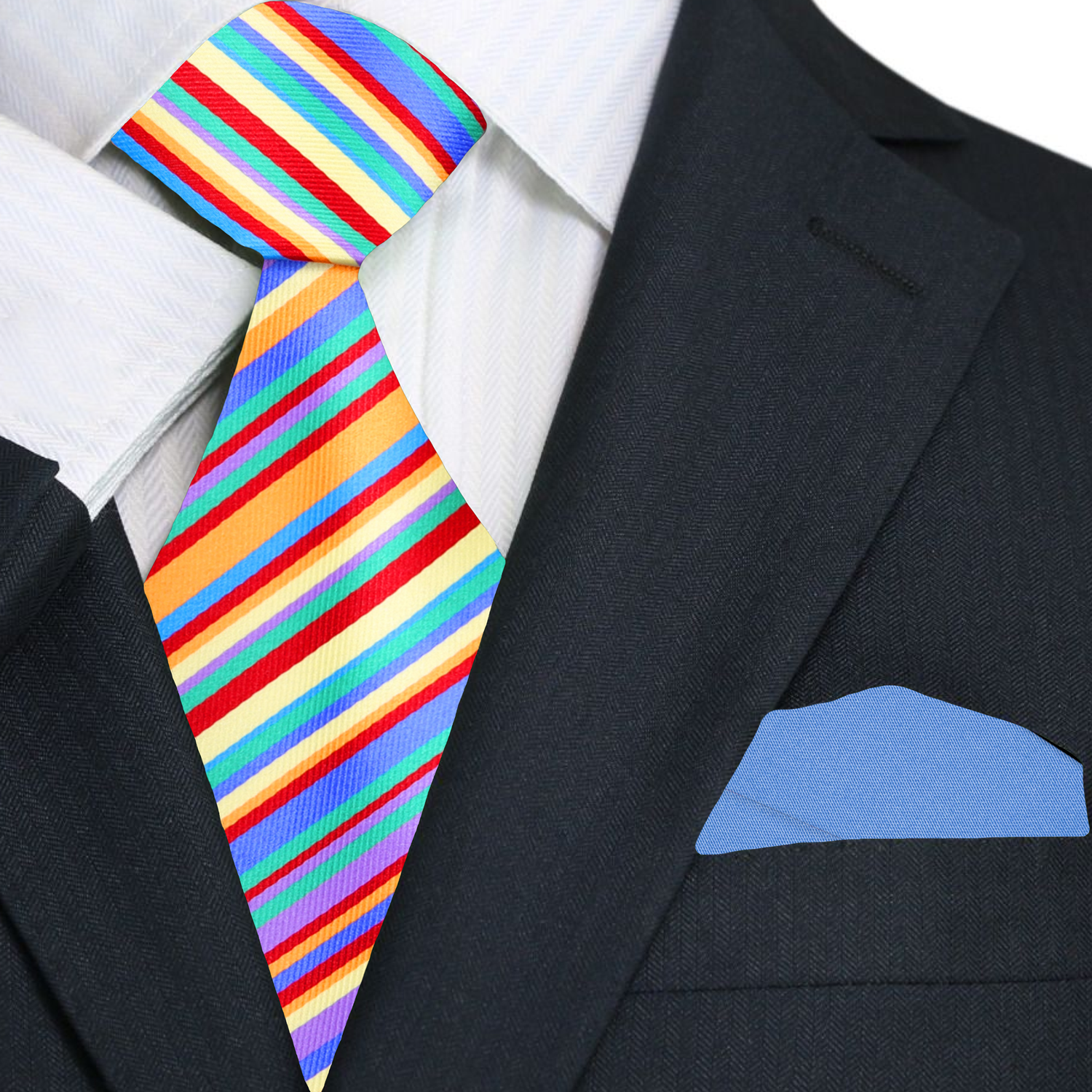 Colorful striped tie on a suit with a blue pocket square.