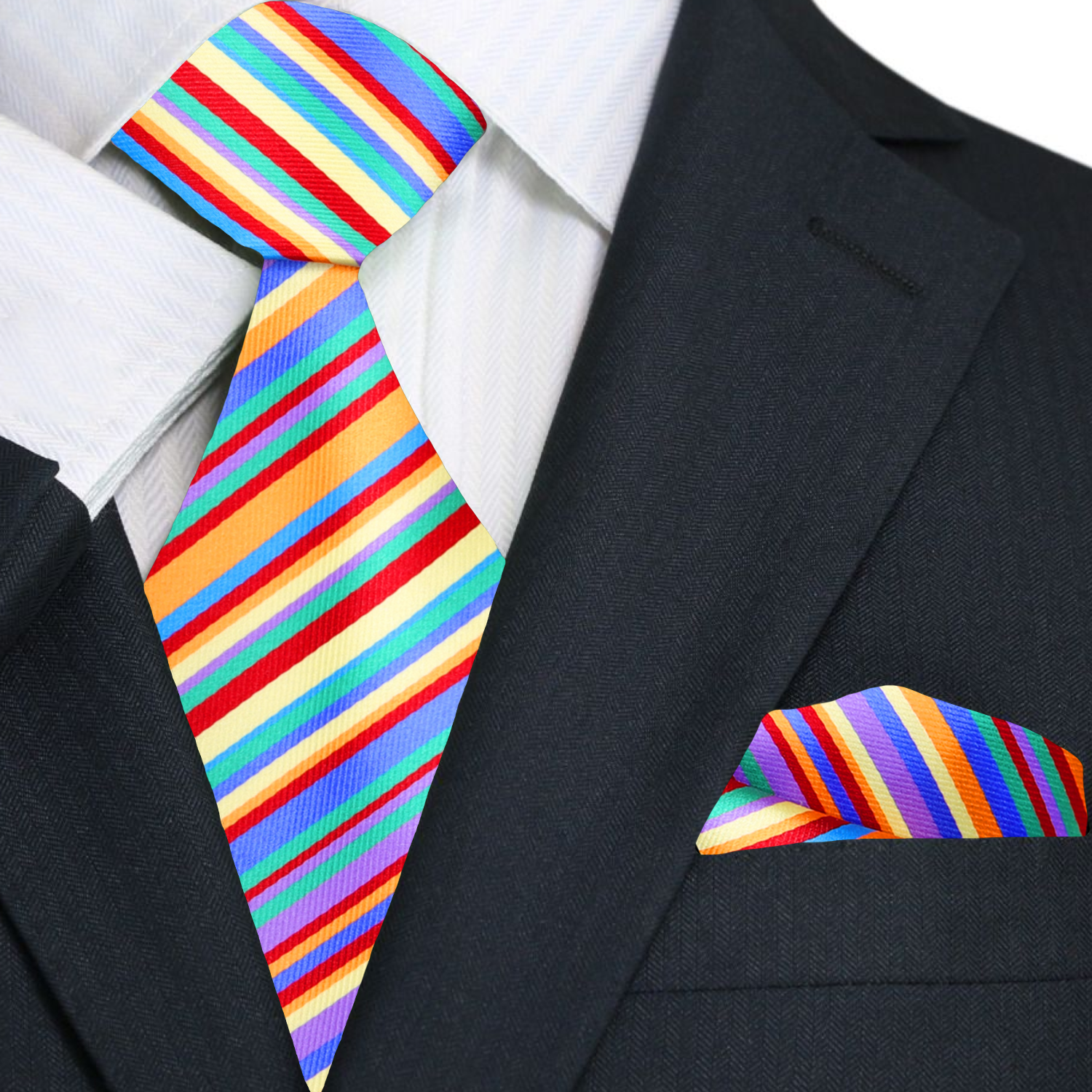 Colorful striped tie and matching pocket square on a black suit jacket.