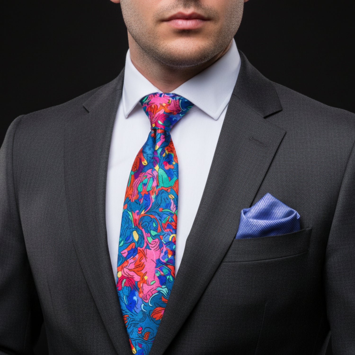 Man wearing Premium A Bright Multi Colored Abstract Necktie And Light Blue Square
