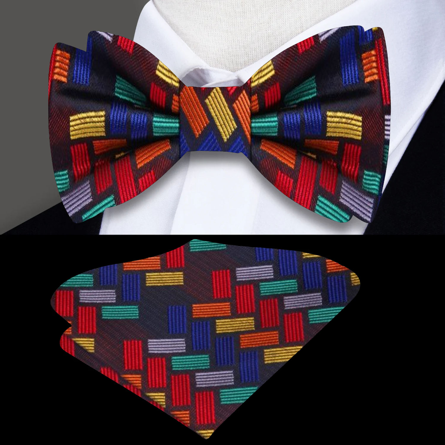 Black, Yellow, Red, Blue, Orange Geometric Bow and Square||Black, Yellow, Red, Blue, Orange