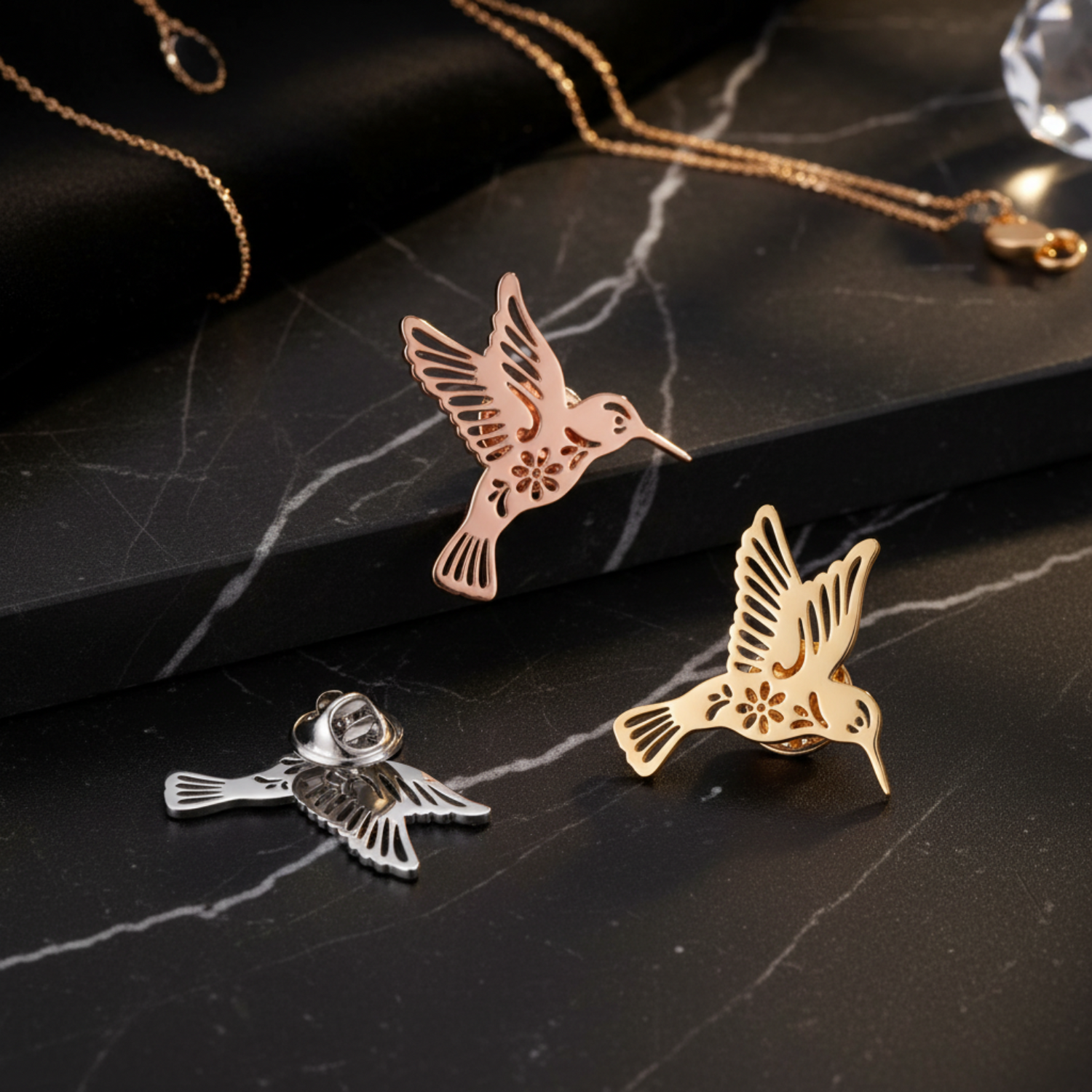 Gold Silver & Rose Gold Hummingbird Lapel Pin Collection