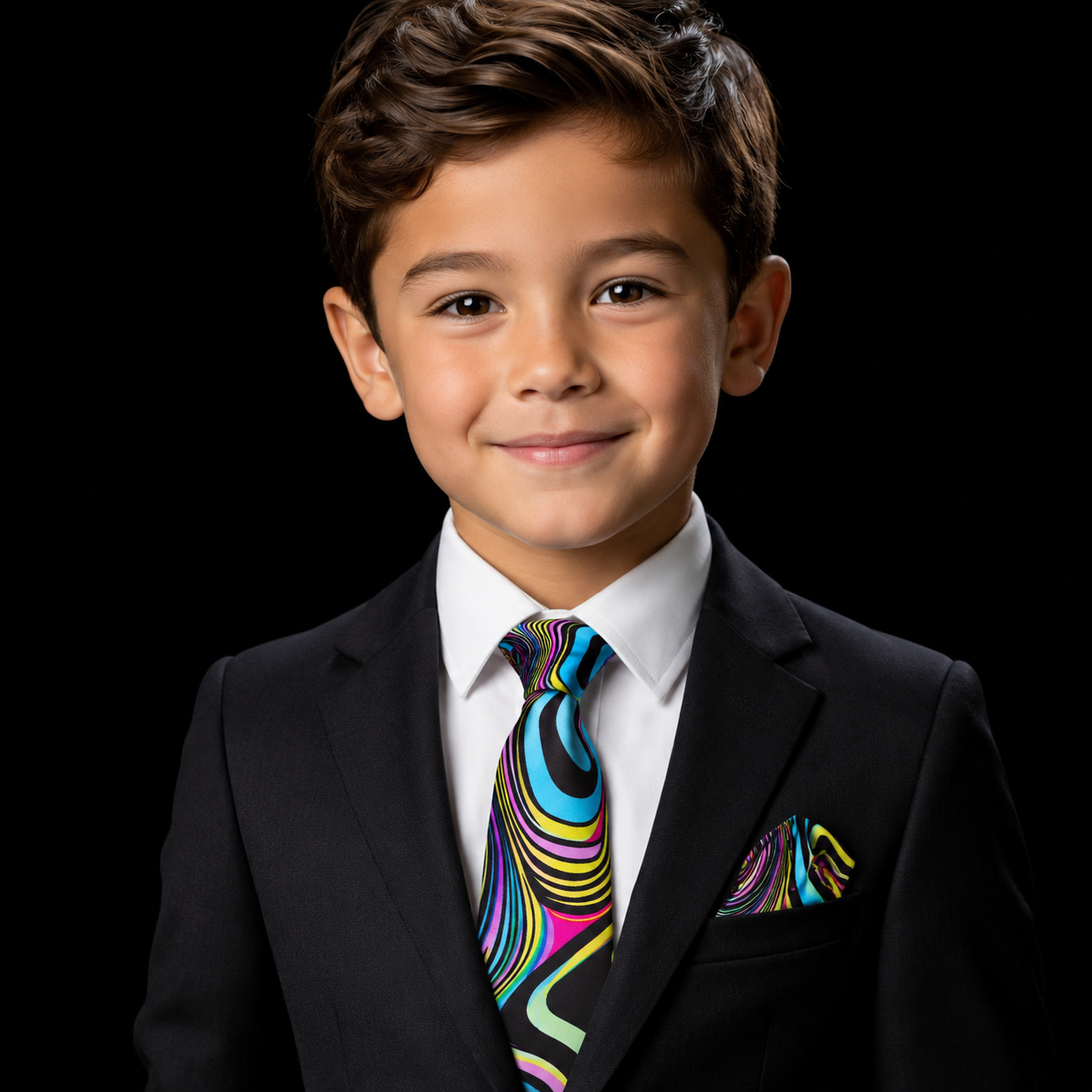 Multicolored Abstract Tie and Pocket Square on boy with formal suit