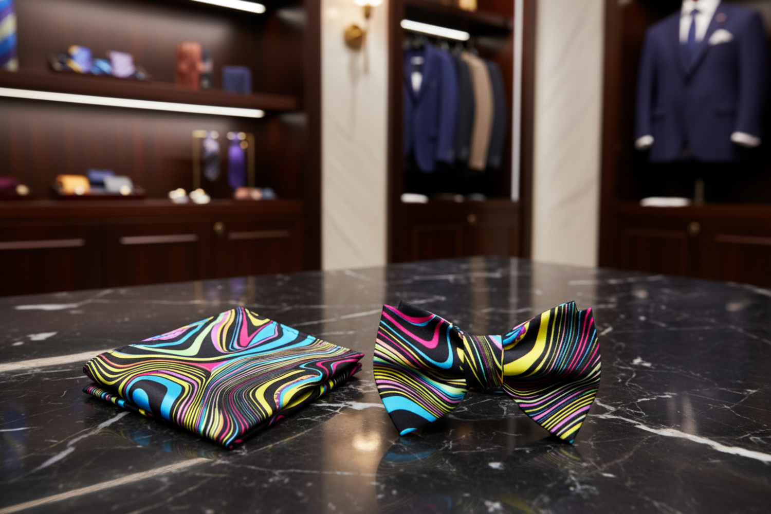Boys Multicolor Abstract Swirl Pre-Tied Bow Tie and square