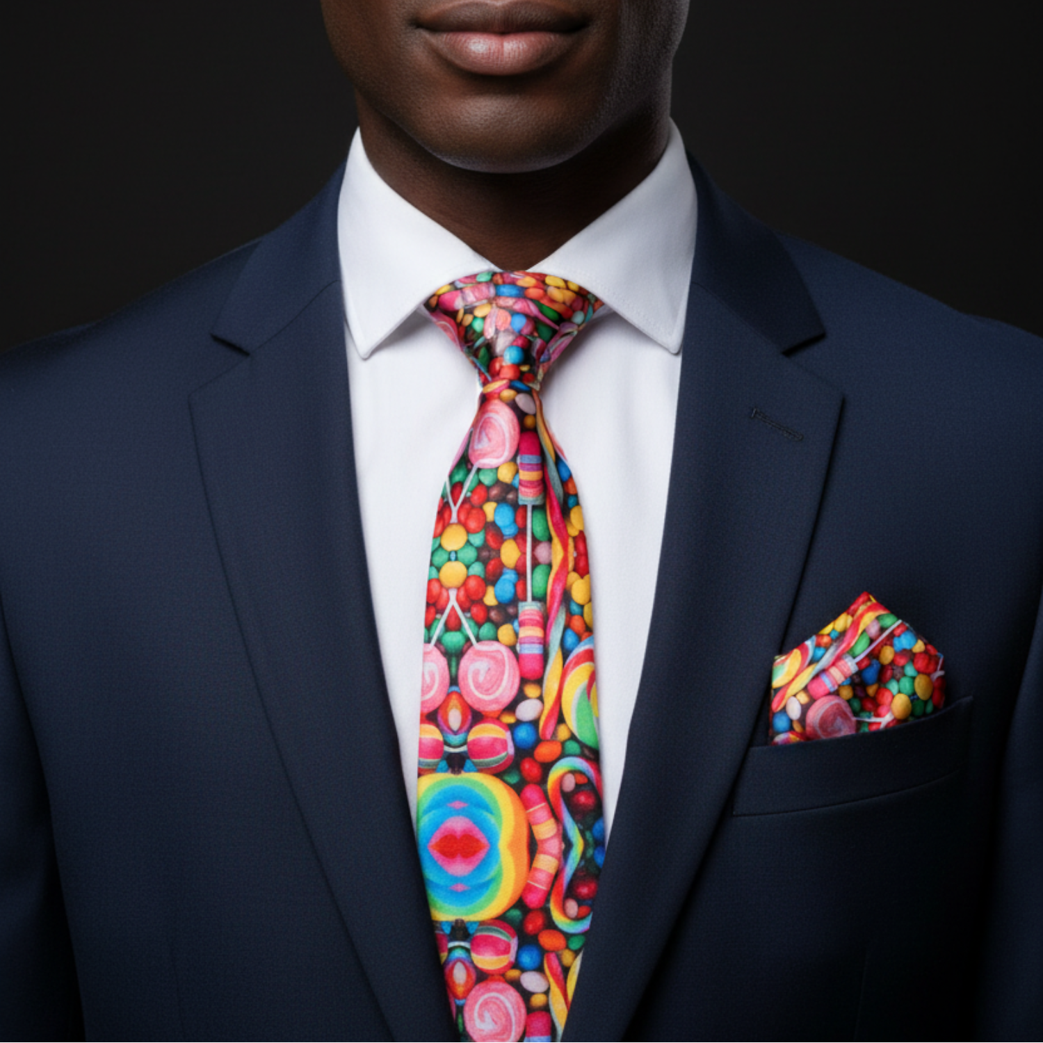 Man wearing a navy suit with a colorful tie and pocket square against a black background