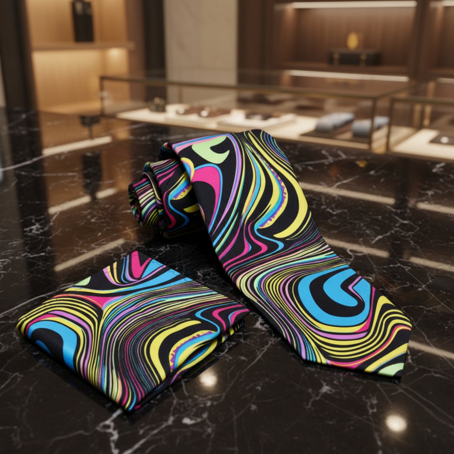 Multicolored Abstract Tie and Pocket Square on table