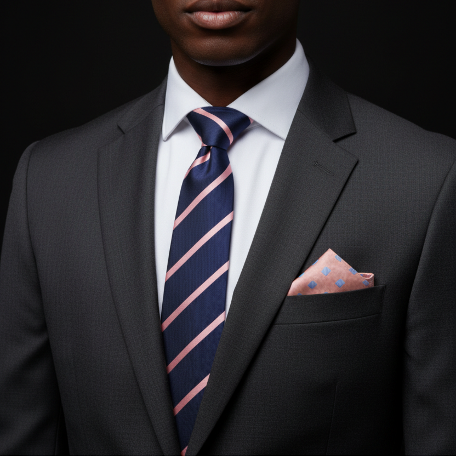 Man wearing a gray suit with a striped tie and pocket square on a black background