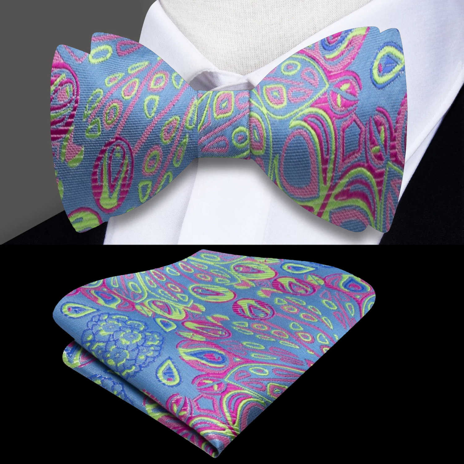 A Neon Blue, Yellow, Pink Abstract Peacock Feather Pattern Self Tie Bow Tie, Matching Pocket Square