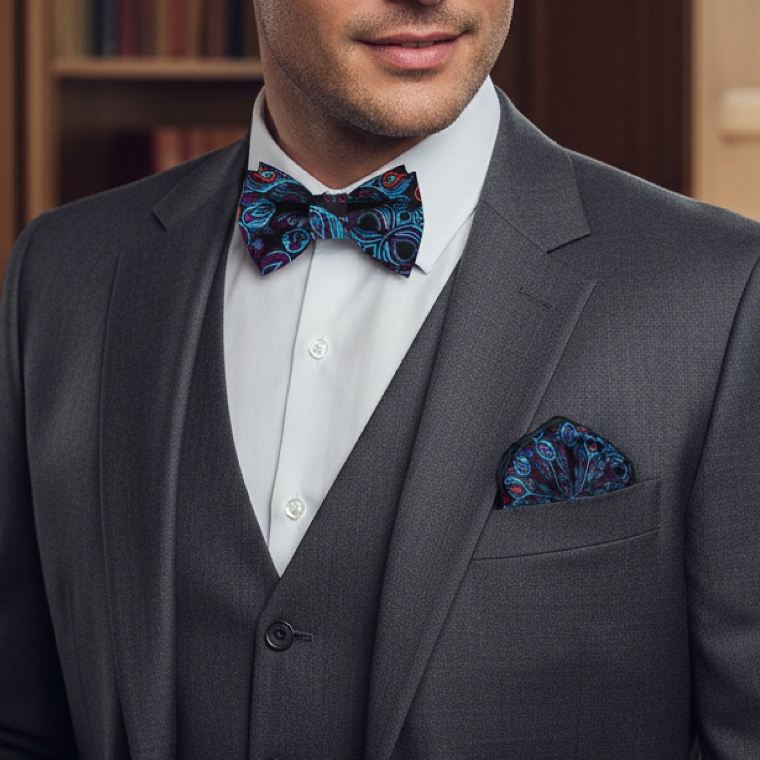 Man wearing a gray suit with a white shirt, blue bow tie, and matching pocket square.