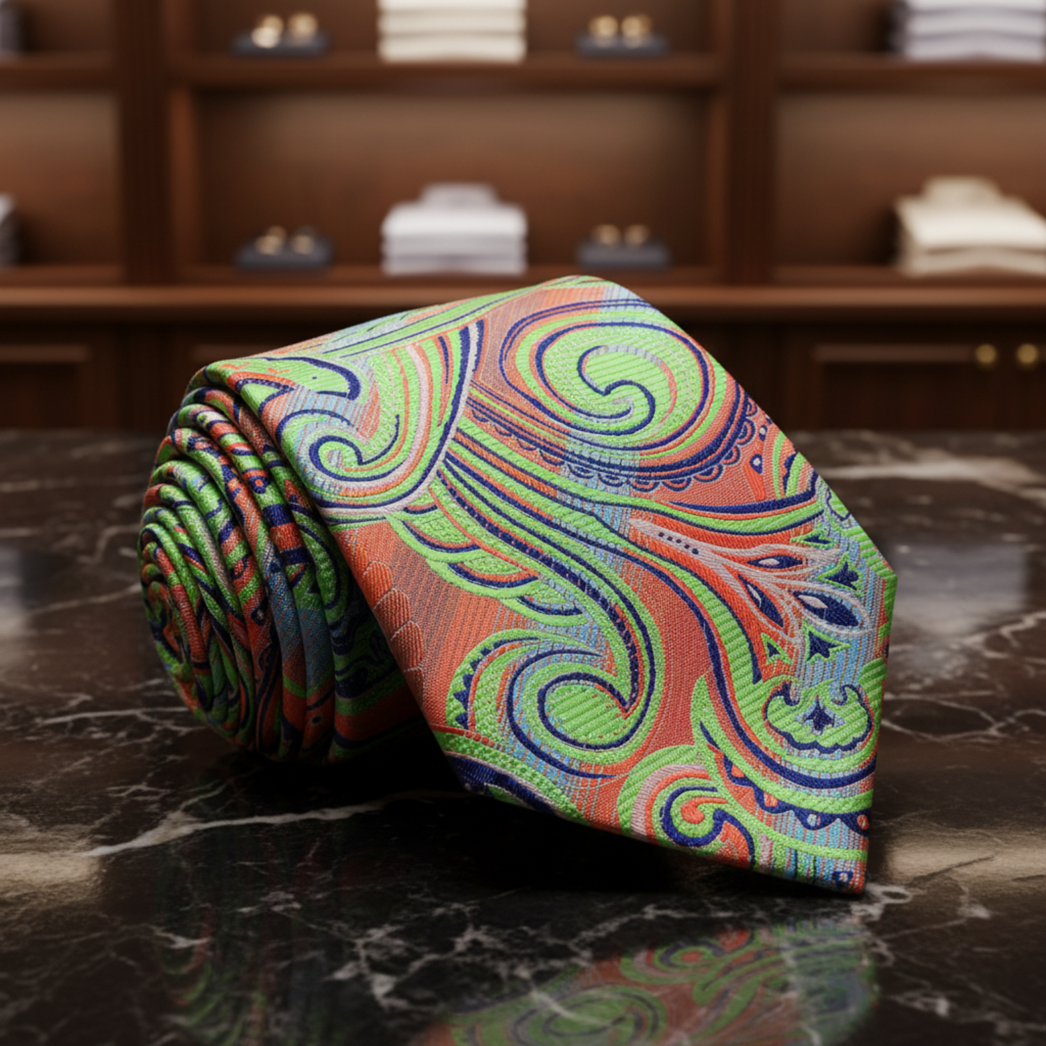 Neon Green, Orange, Blue Paisley Necktie 