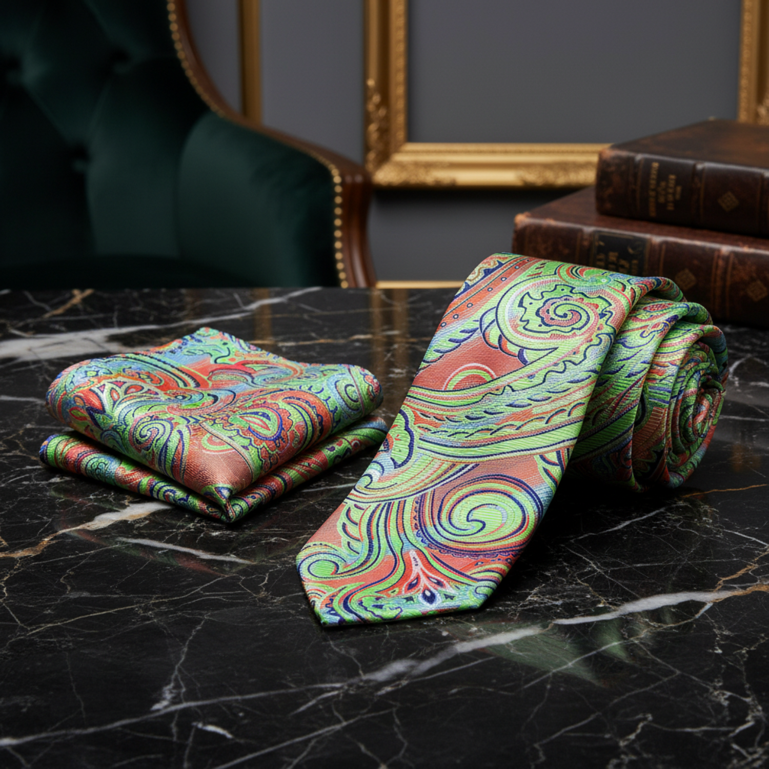Alt View: Neon Green, Orange, Blue Paisley Necktie and Matching Square