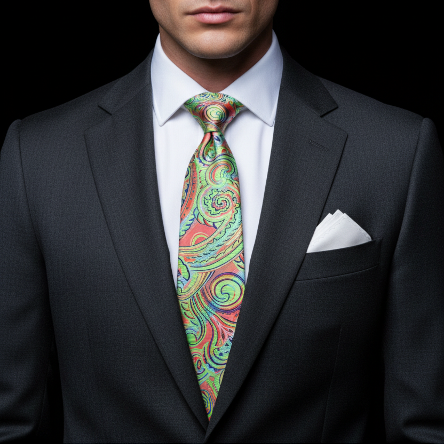 Man wearing a black suit with a colorful tie and white pocket square on a black background