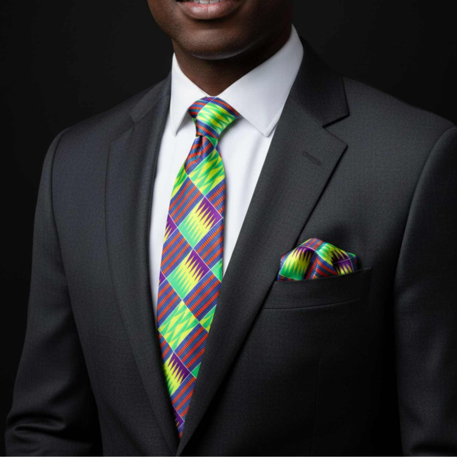 Man wearing a black suit with a colorful tie and pocket square on a black background