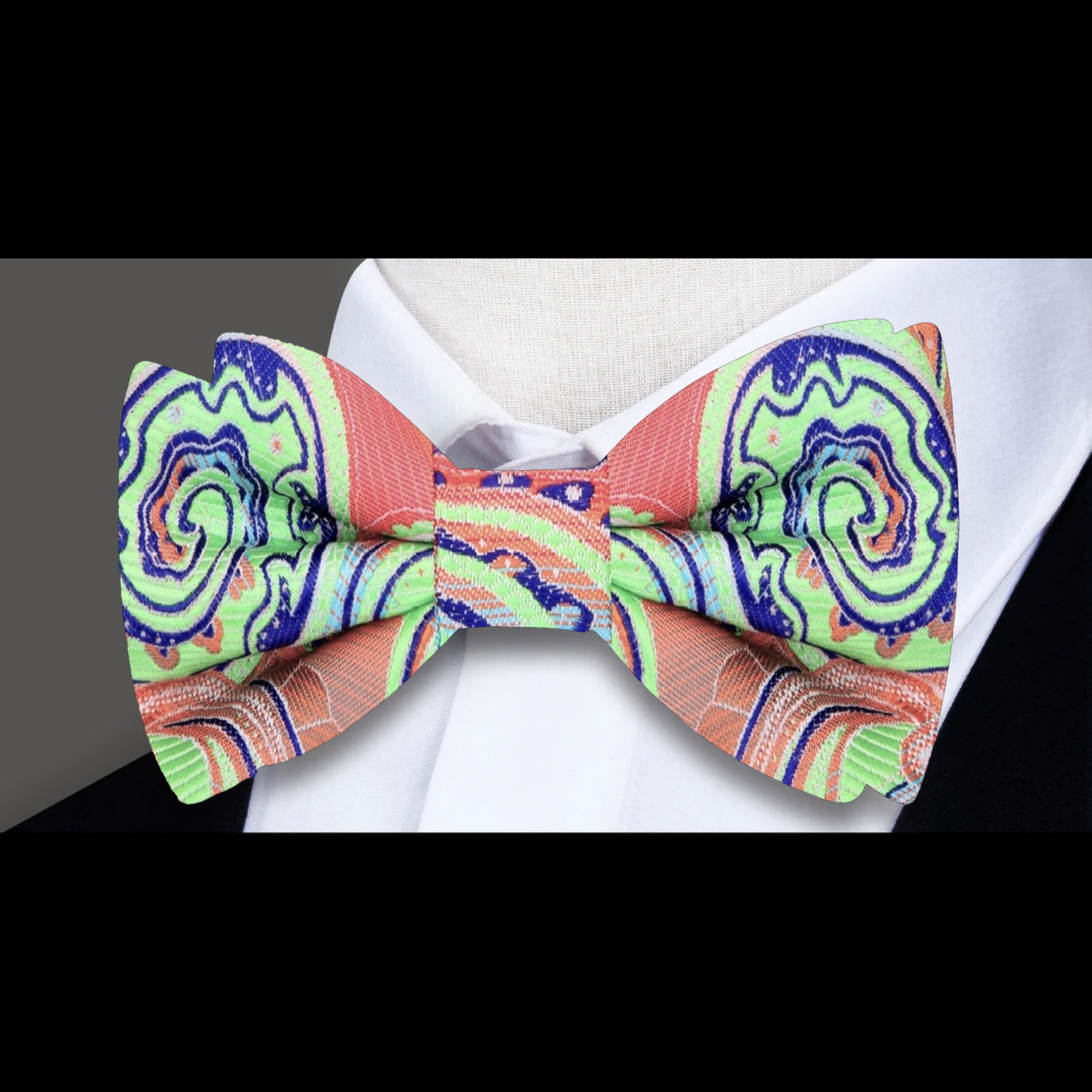 A Peach, Bright Green Pattern Silk Bow Tie