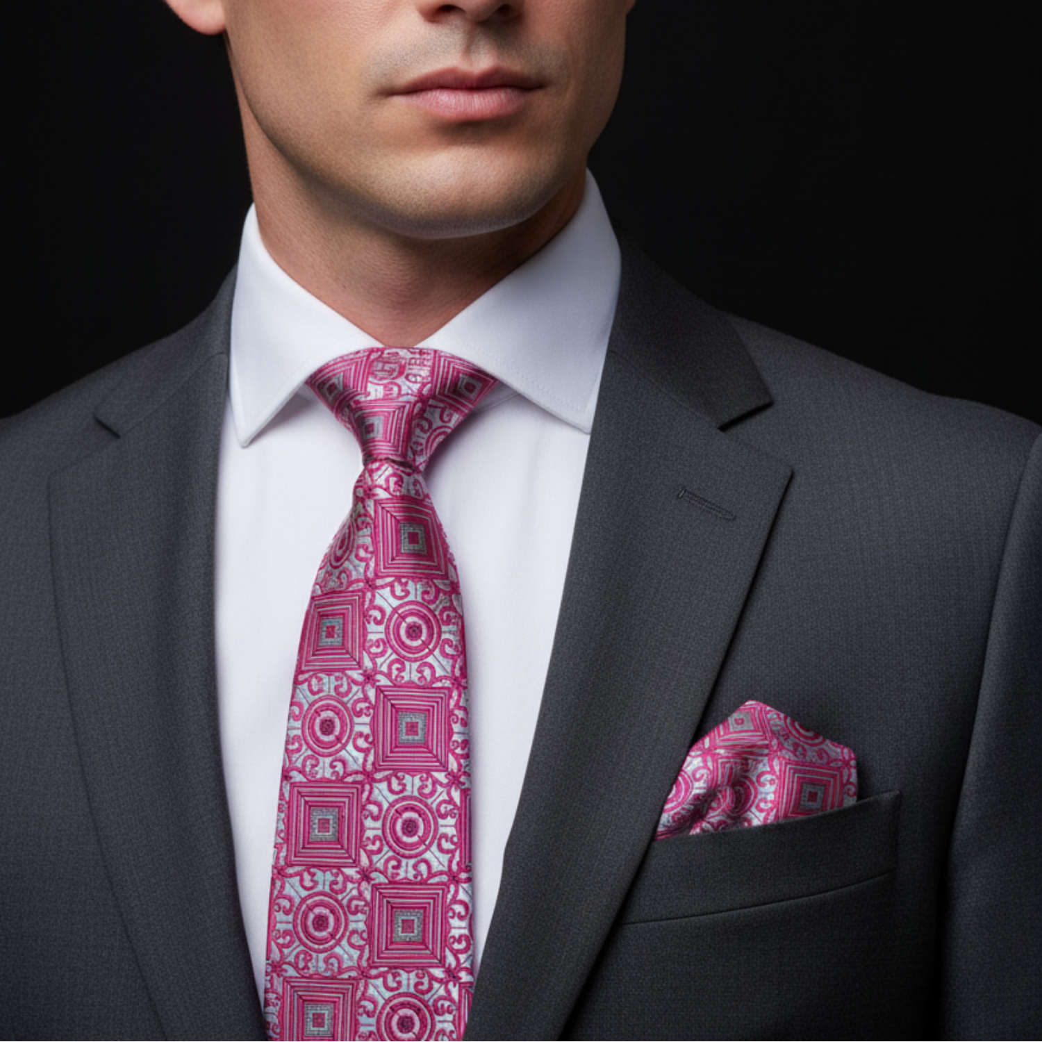 Man wearing a gray suit with a pink patterned tie and pocket square on a black background