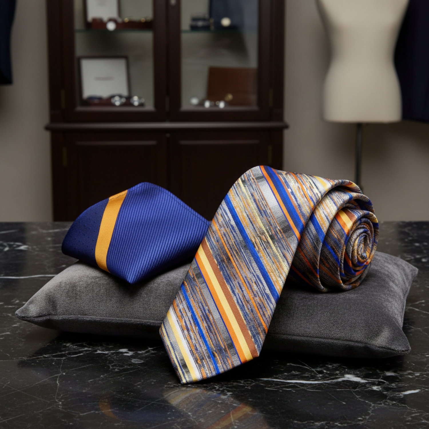 a grey with blue yellow and orange stripe necktie with accenting stripe square