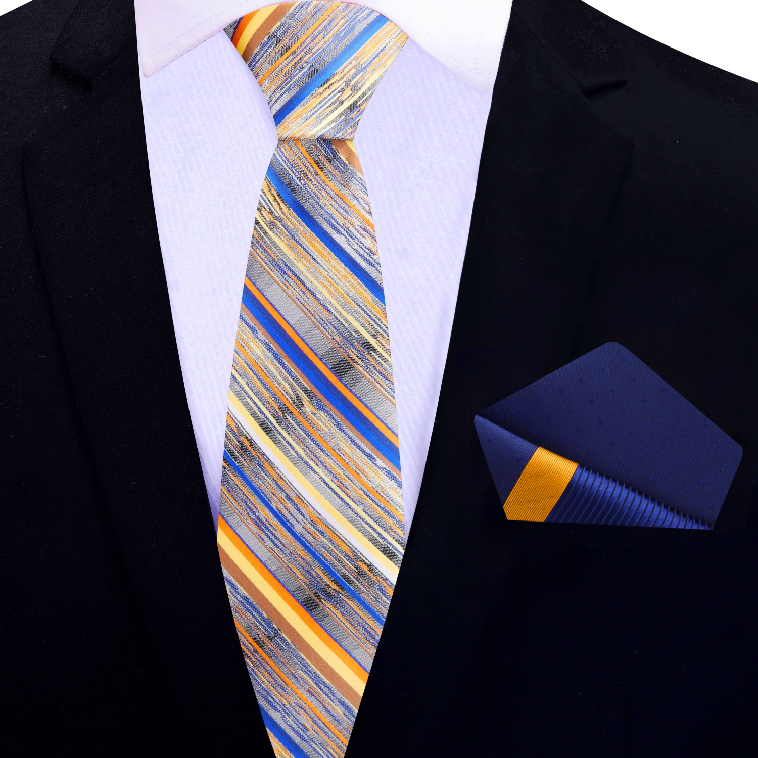 Thin Blue Yellow Stripe Tie And Accenting Pocket Square