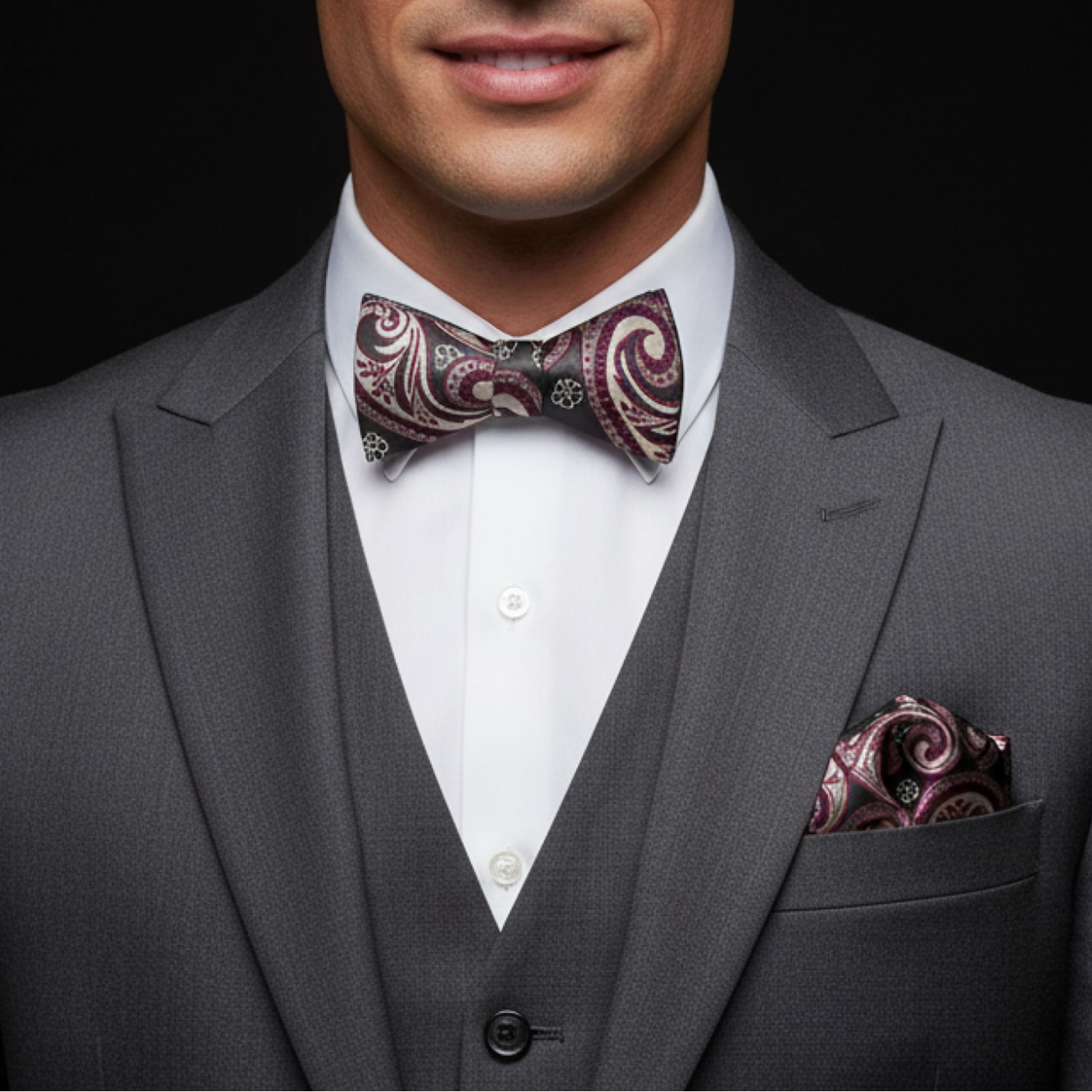 Man wearing a gray suit with a patterned bow tie and pocket square on a black background