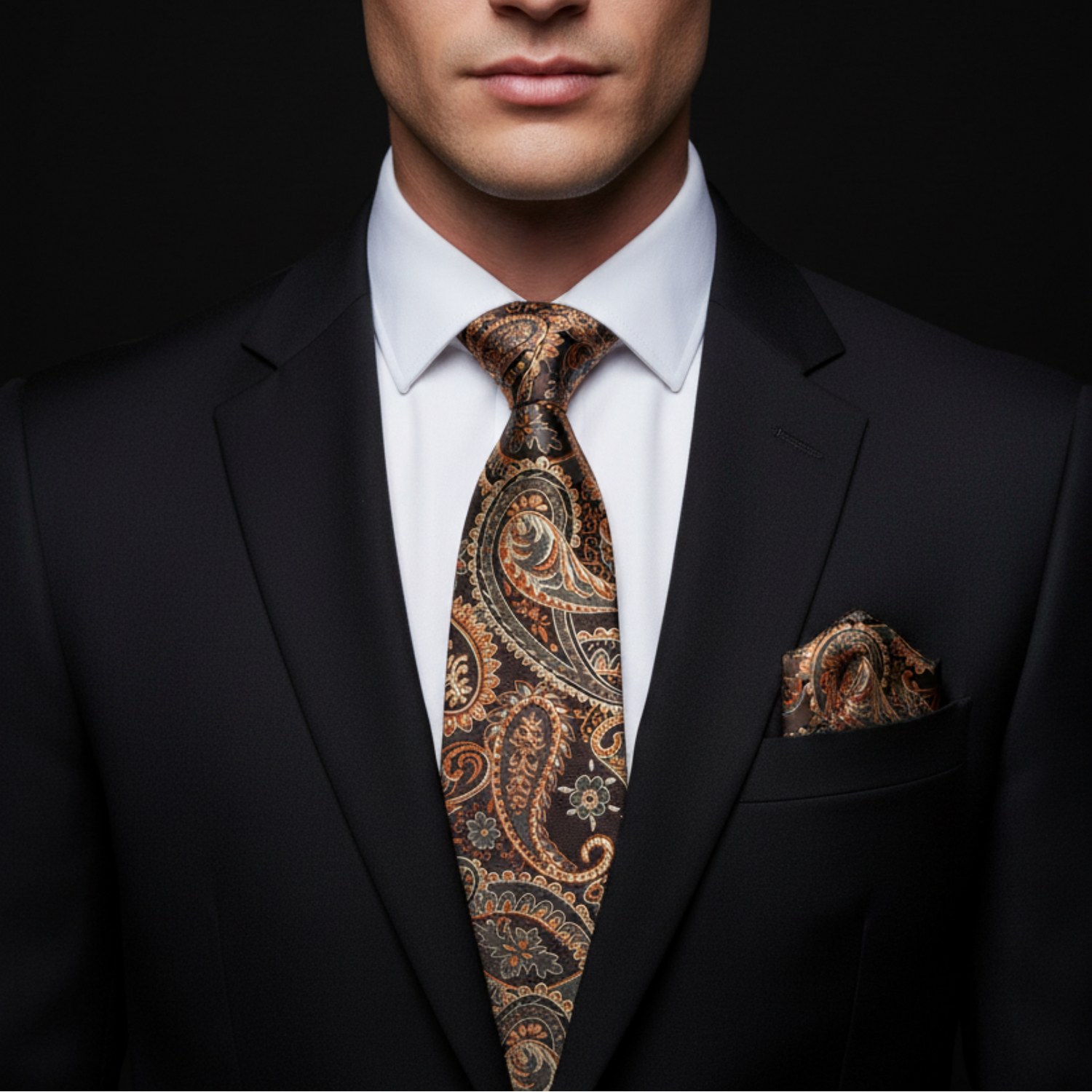 Man wearing a black suit with a patterned tie and pocket square on a dark background