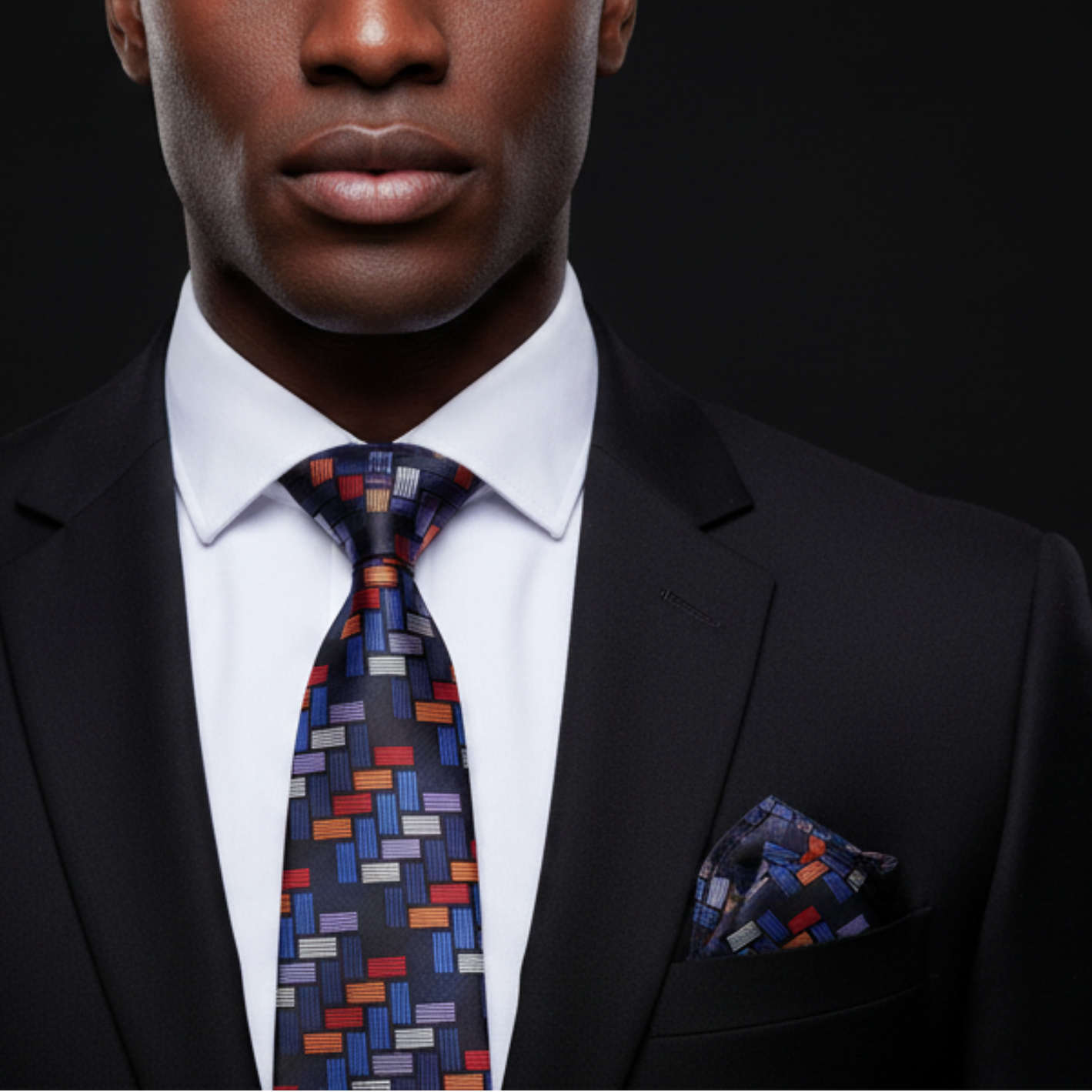 Man wearing a black suit with a colorful tie and pocket square against a dark background