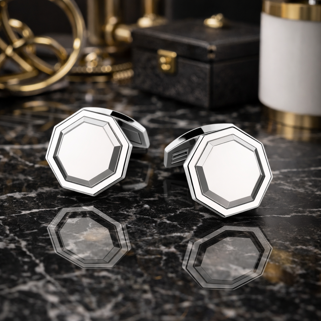 Octagonal silver cufflinks on a dark marble surface with a black box and gold accents in the background.