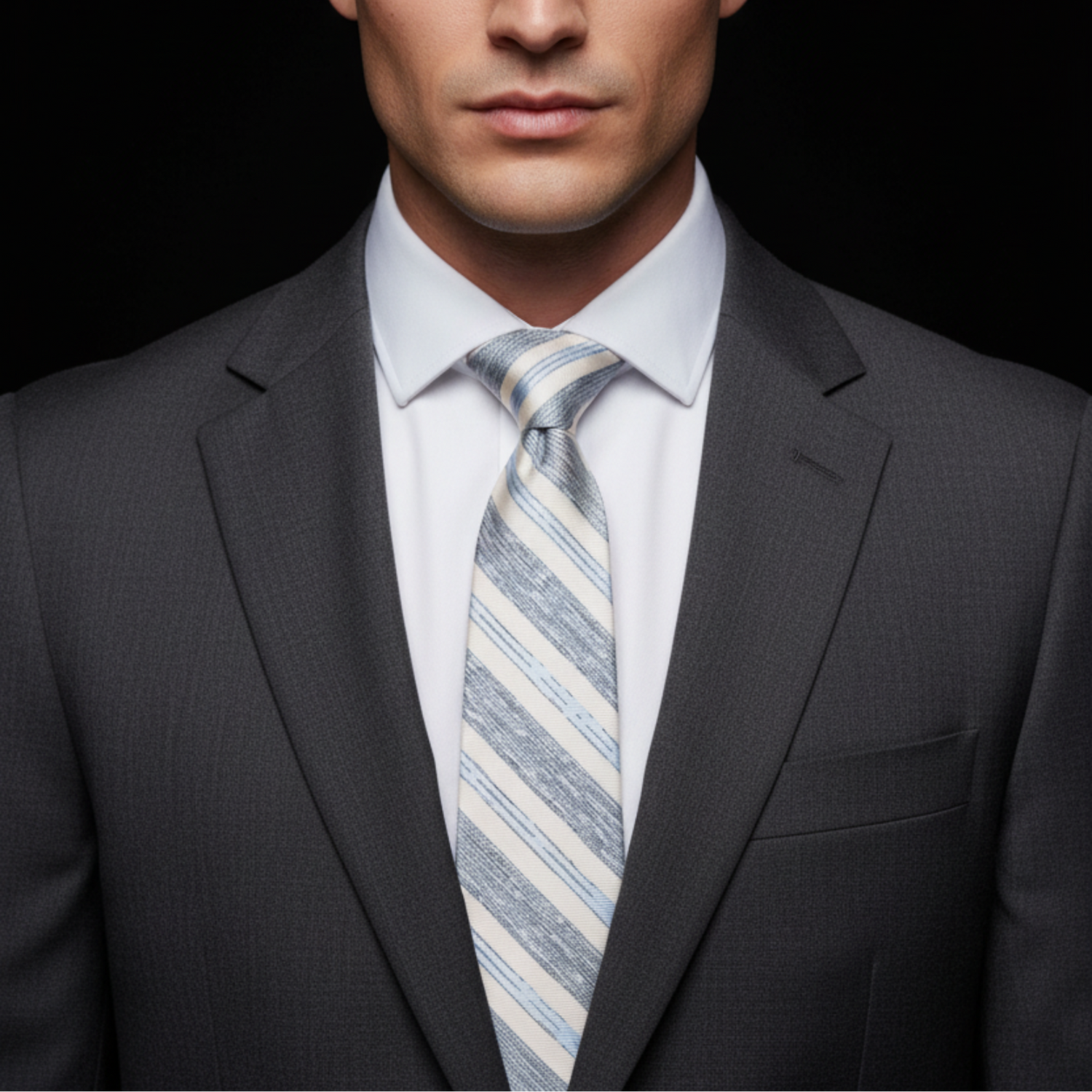 Man wearing a gray suit with a striped tie against a black background