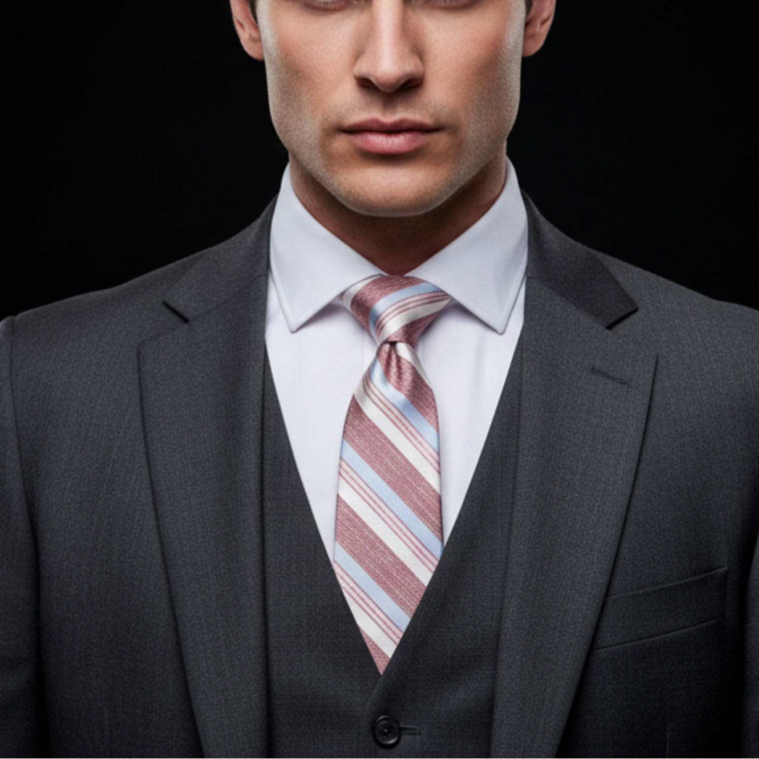 Man wearing a gray suit with a striped tie against a black background