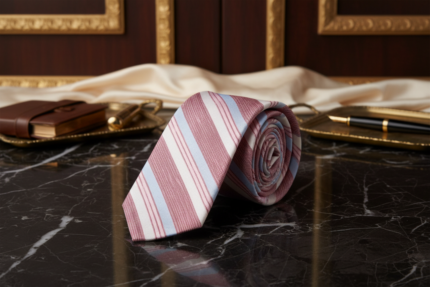 Striped tie on a marble surface with a pen and leather wallet in the background