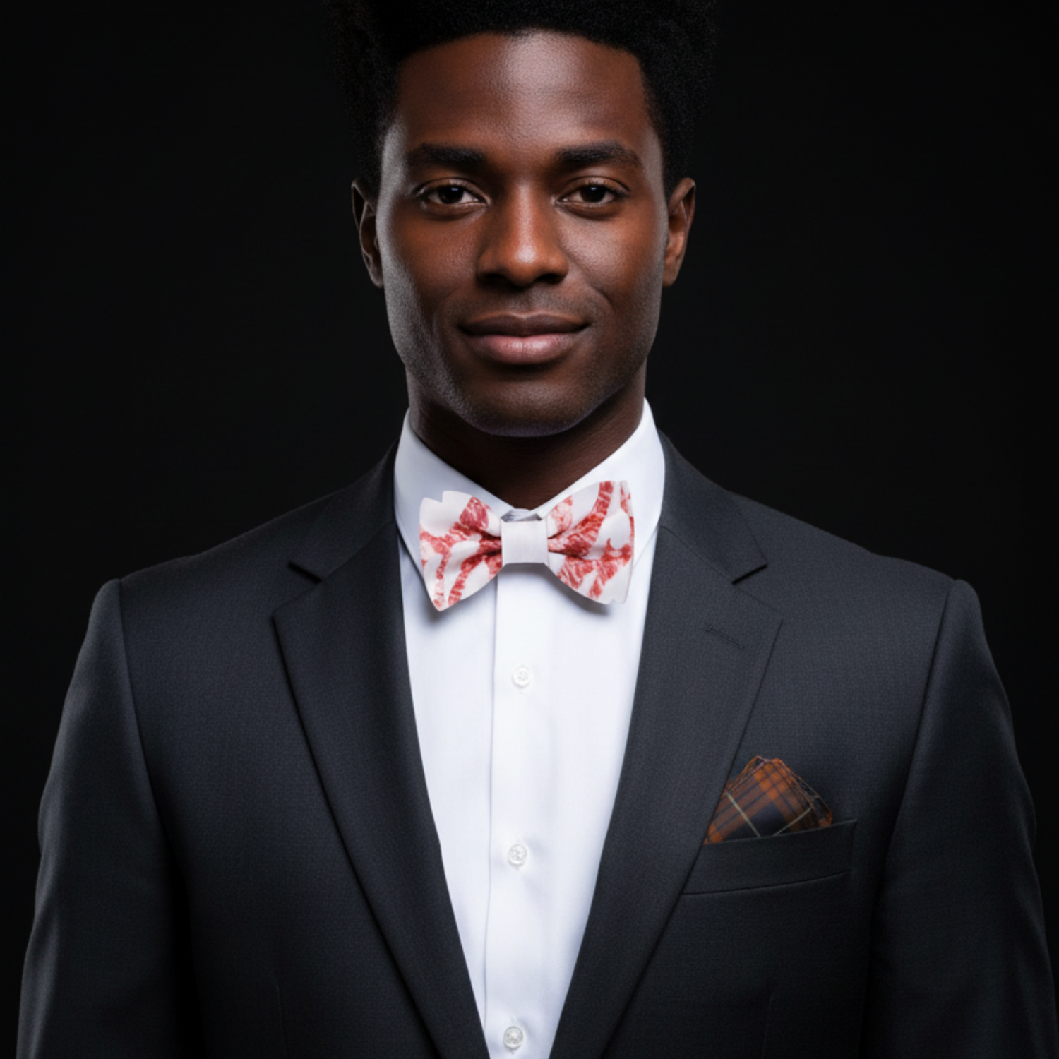Rose Gold and White Marble Bow Tie and Accenting Brown Plaid Pocket Square