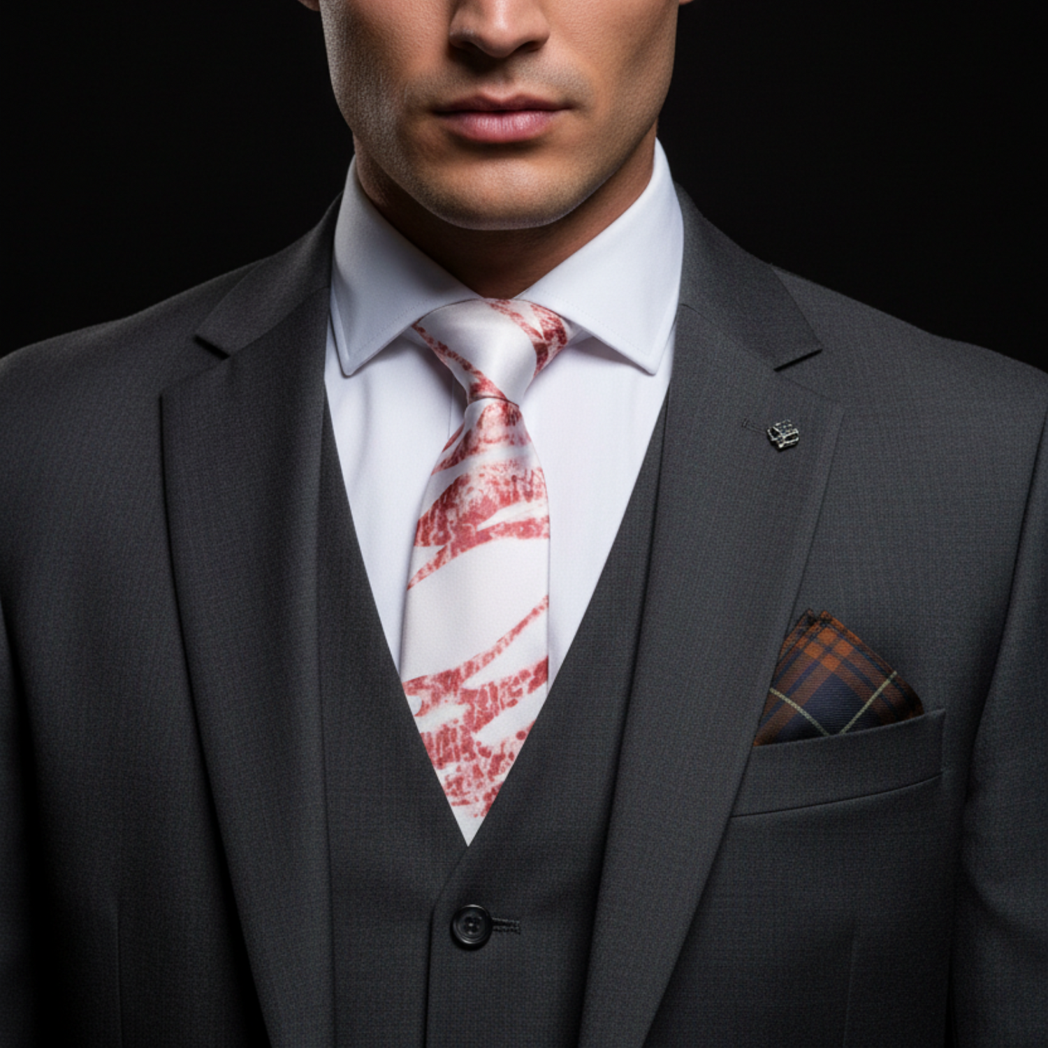Man wearing a gray suit with a white shirt, red patterned tie, and plaid pocket square on a black background.