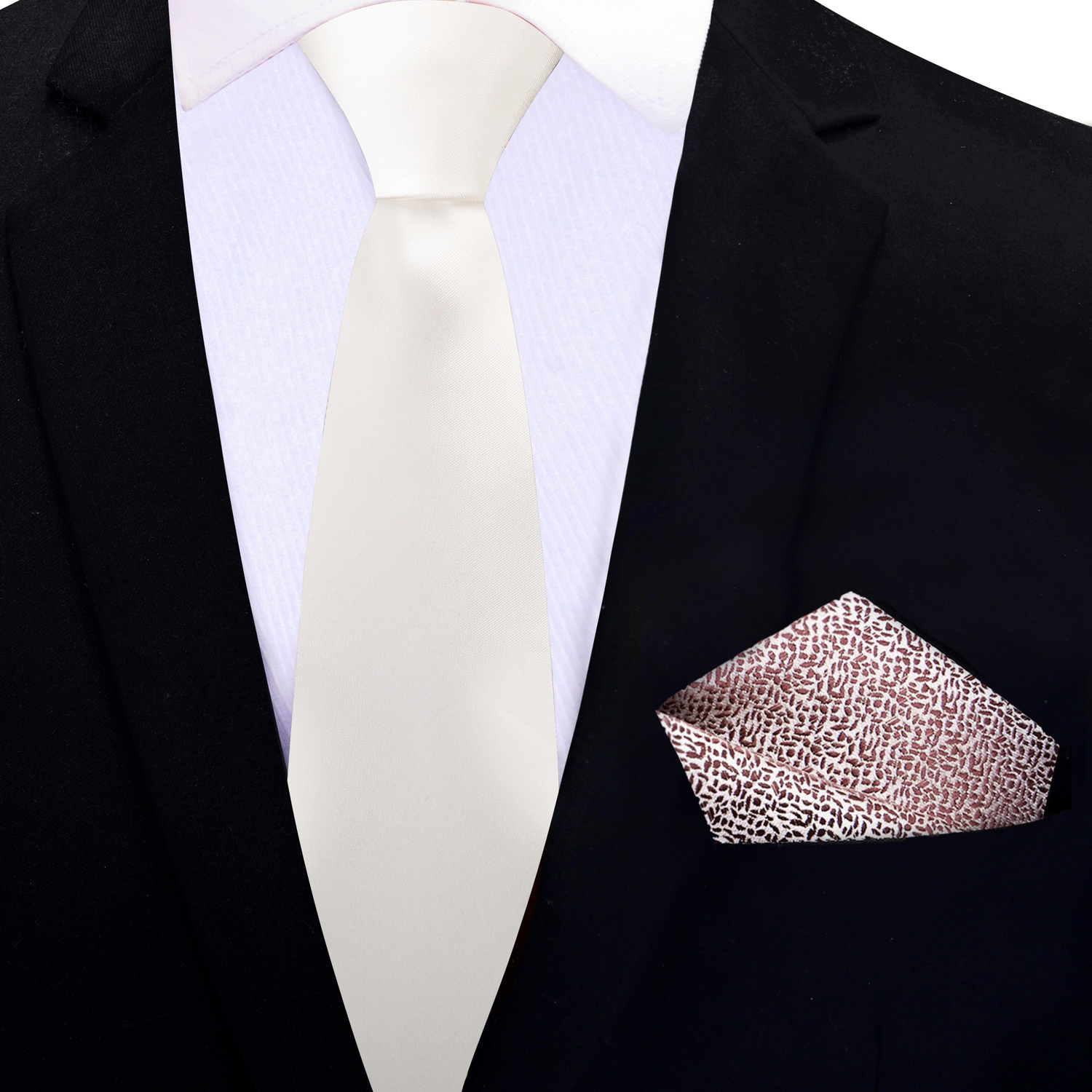 thin tie: Ivory White Necktie with Brown Textured Square