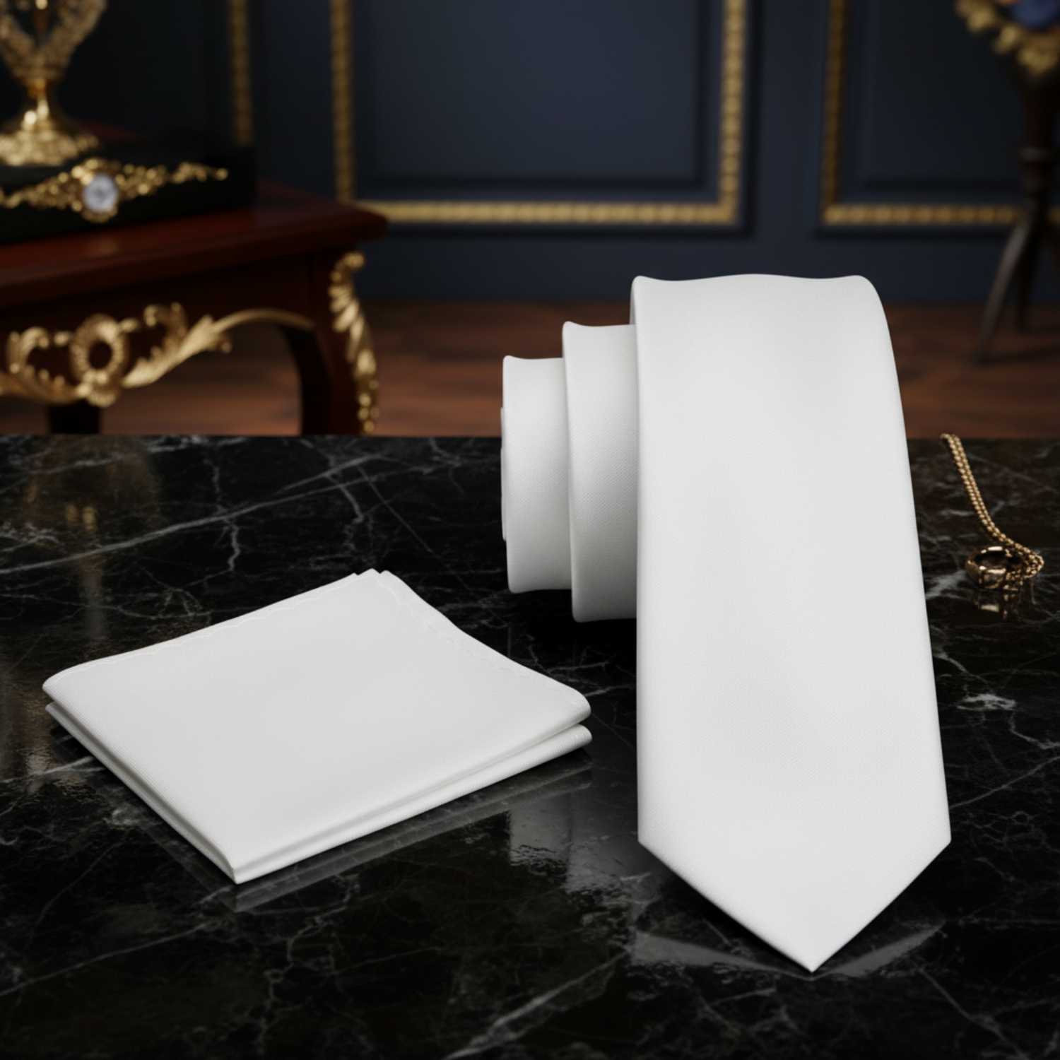 Alt view: Ivory White Necktie with Matching Square