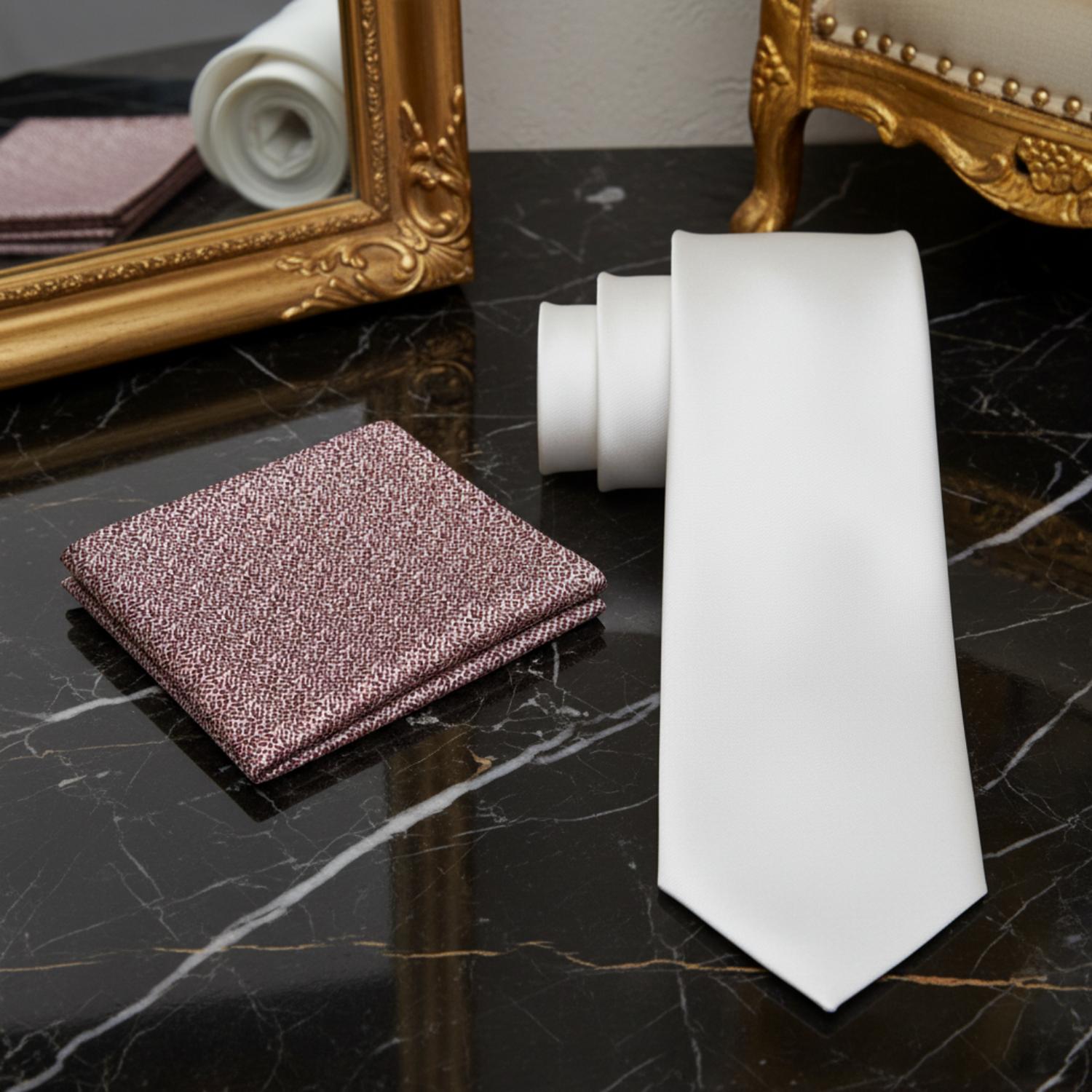 Alt View: Ivory White Necktie with Brown Textured Square