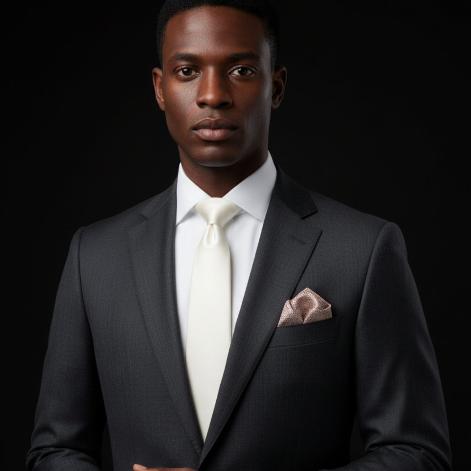 Man wearing a dark suit with a white shirt and light-colored tie against a black background