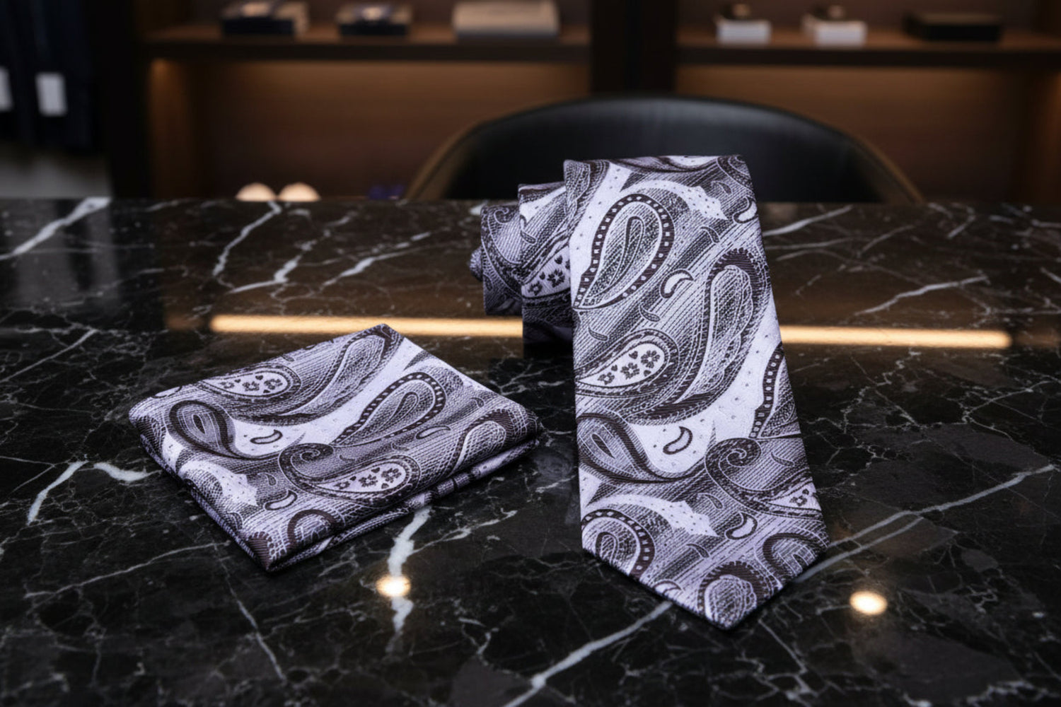 Alt View: A White, Grey, Brown Paisley Pattern tie, With Pocket Square