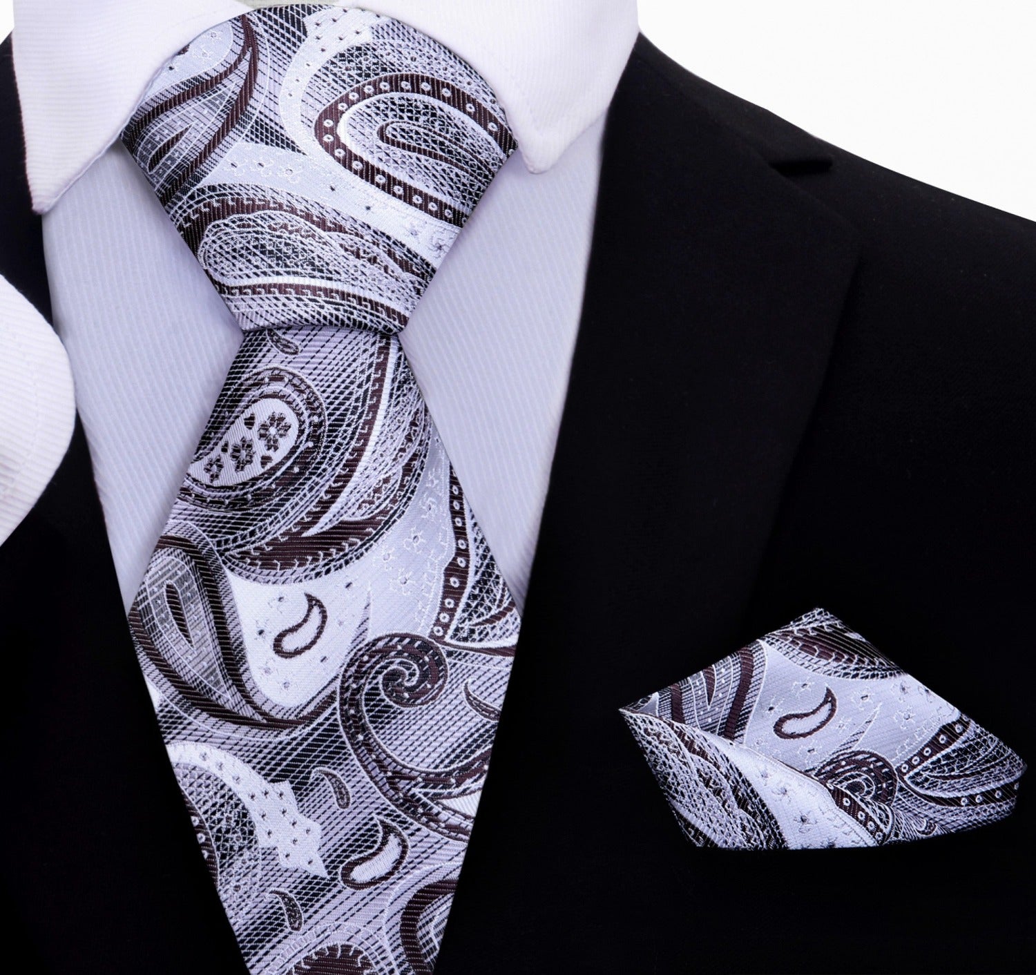 A White, Grey, Brown Paisley Pattern Silk Necktie, With Pocket Square