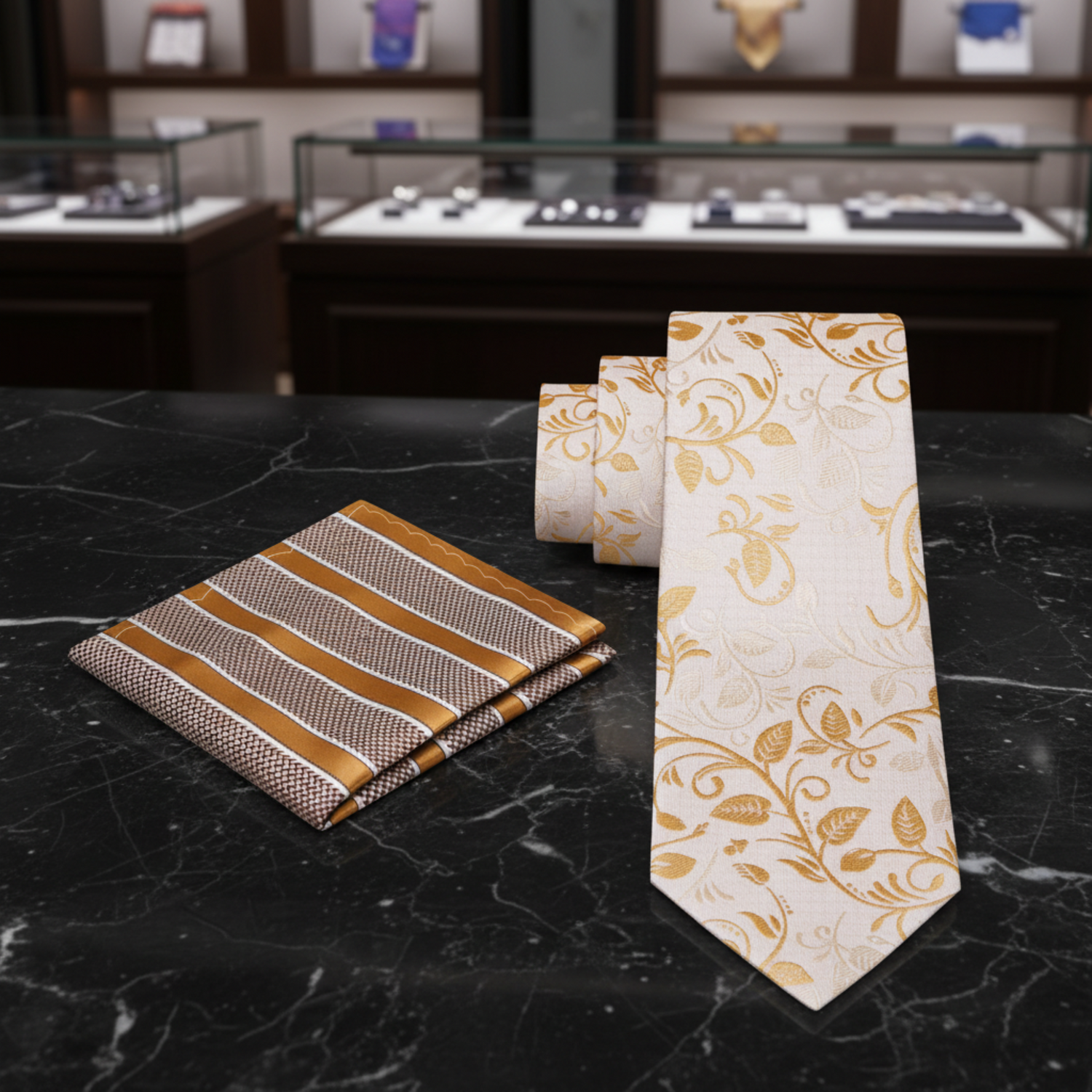 Beige, Brown Cream Vines Necktie and Accenting Square